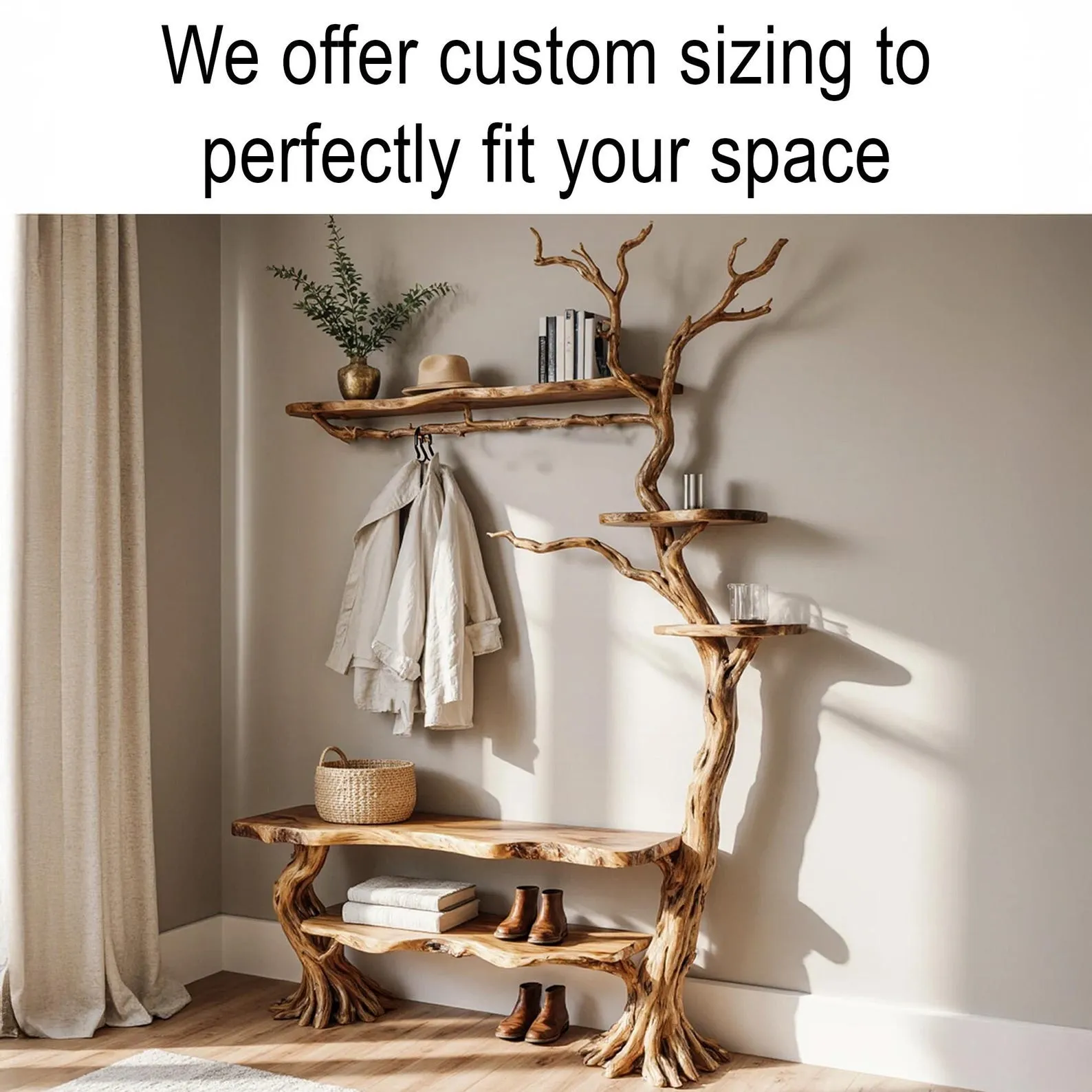 Tree branch coat rack wall mounted driftwood sculpture live edge wood shelf hallway coat rack hidden storage unique handmade furniture - Image 5
