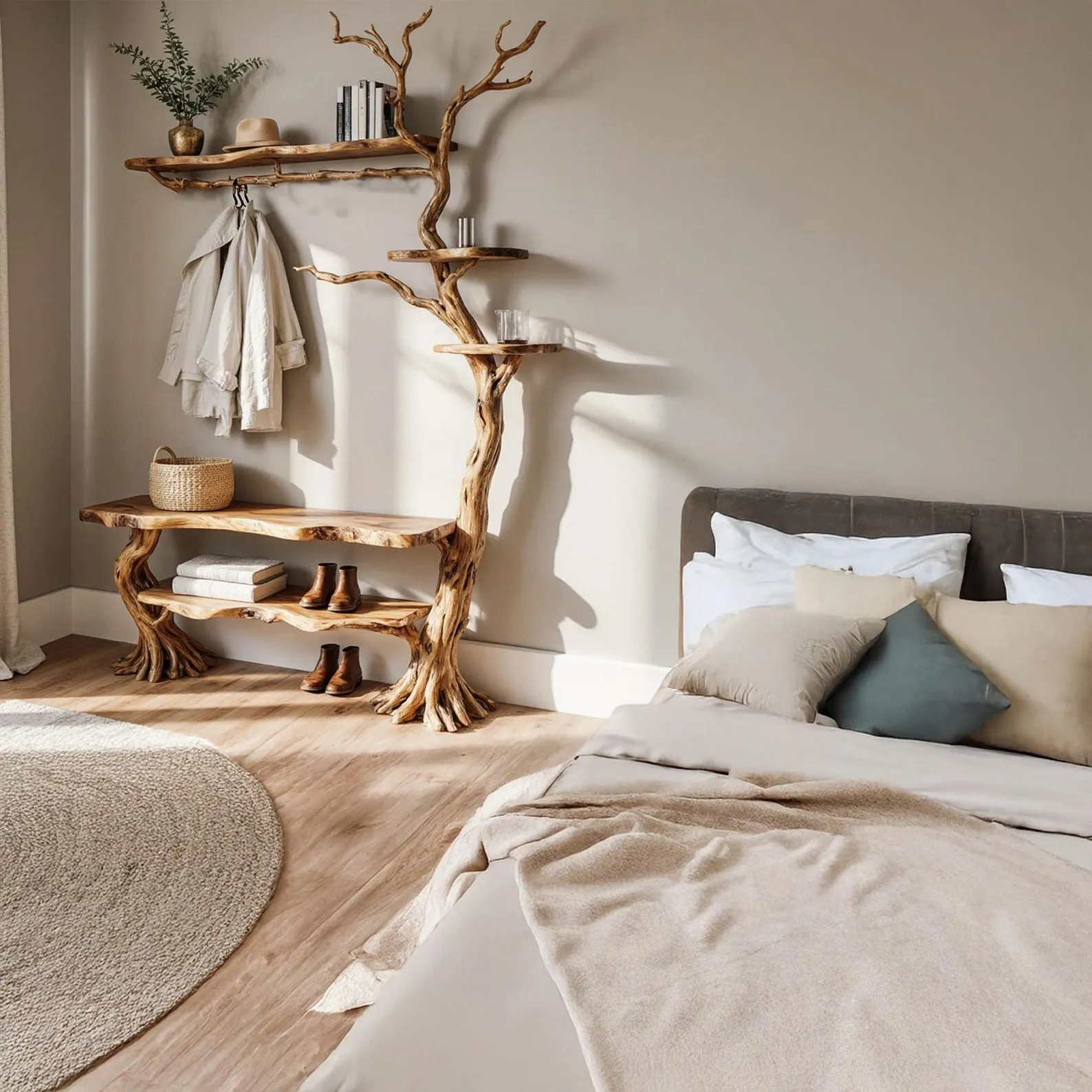 Tree branch coat rack wall mounted driftwood sculpture live edge wood shelf hallway coat rack hidden storage unique handmade furniture - Image 6