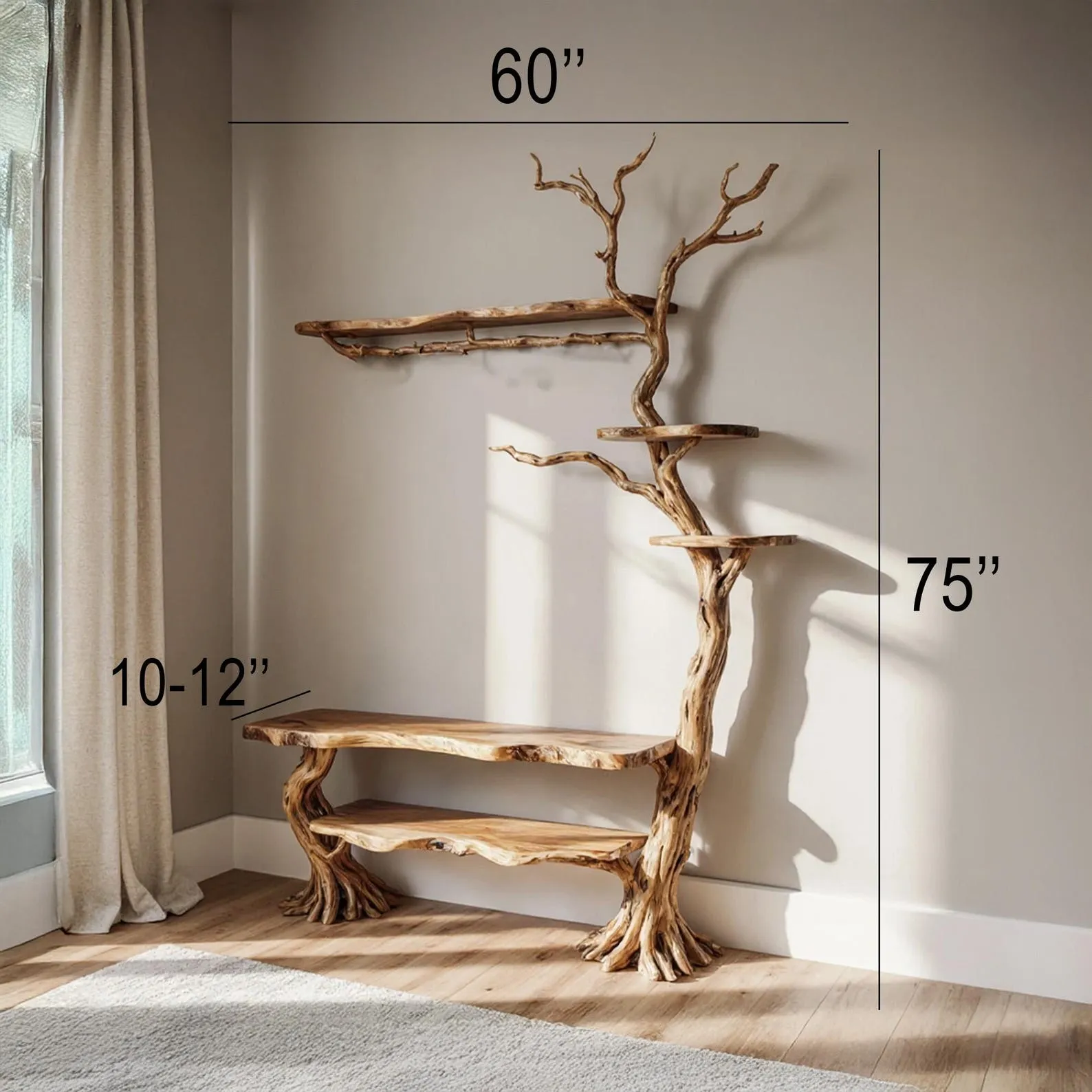 Tree branch coat rack wall mounted driftwood sculpture live edge wood shelf hallway coat rack hidden storage unique handmade furniture - Image 9