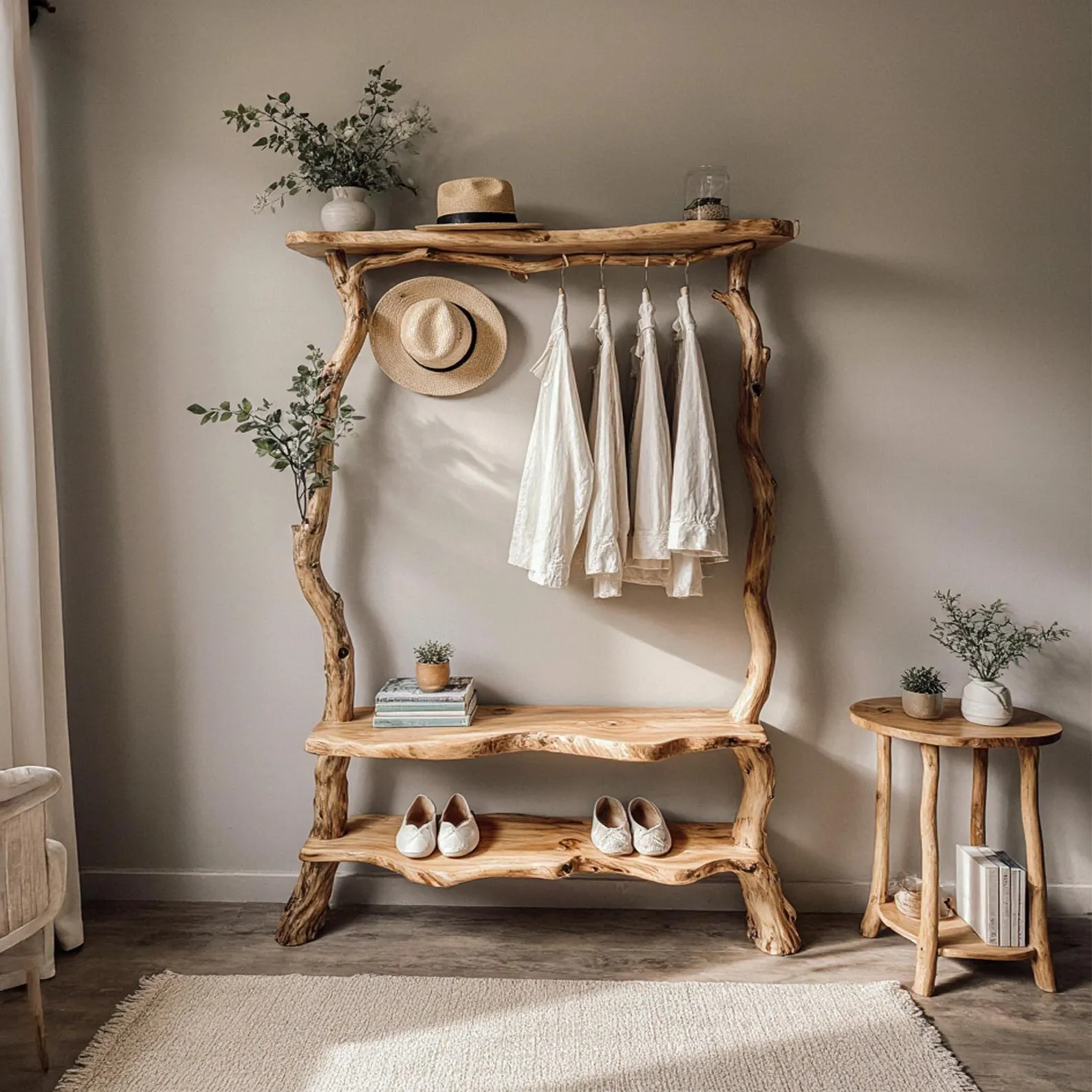 Standing tree branch coat rack driftwood branch solid wood shelves on wall decorative coat hooks hanging clothes rack unique decor home art