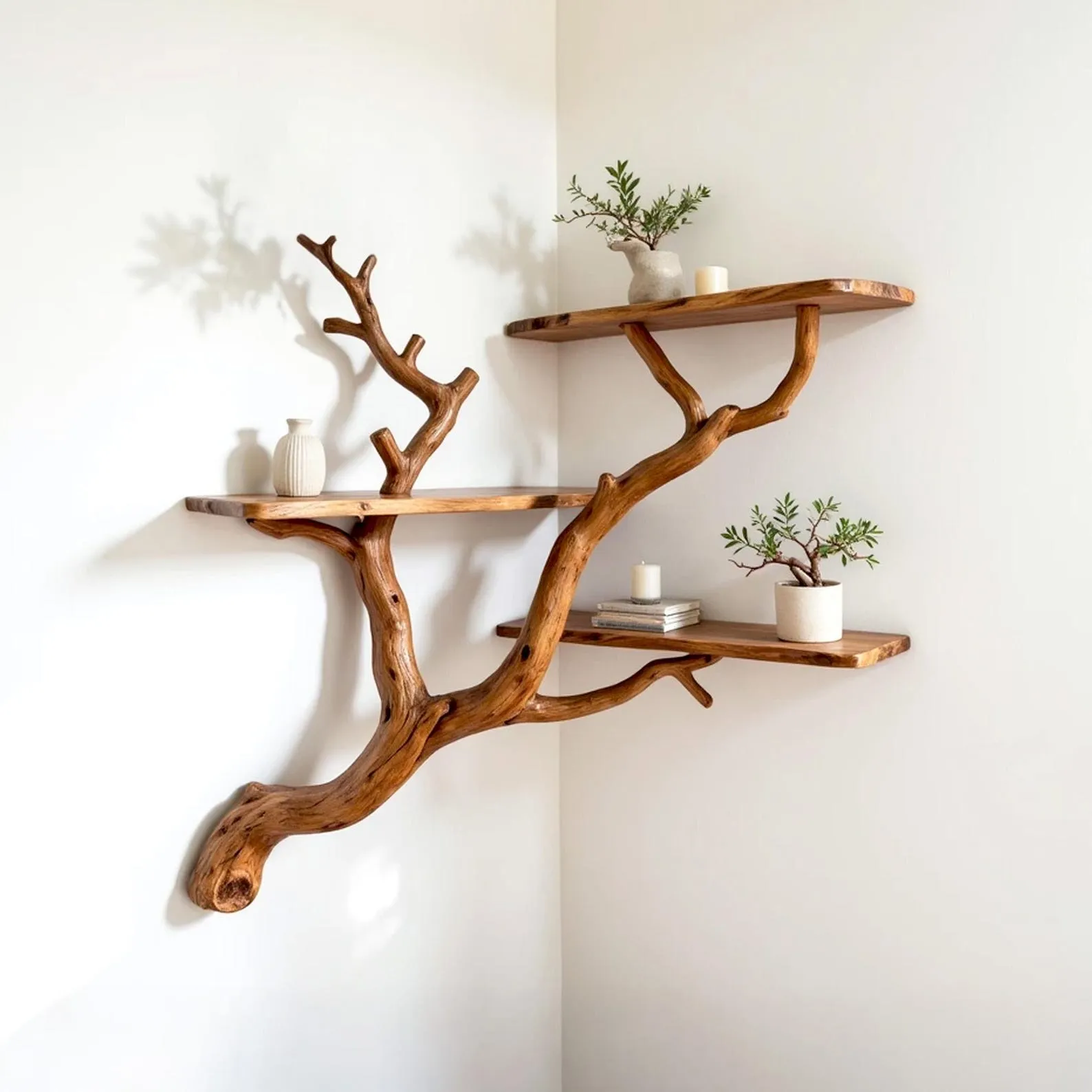 Corner tree floating bookshelf driftwood branch wall shelf hanging tree bookshelf wall mount art corner furniture decoration