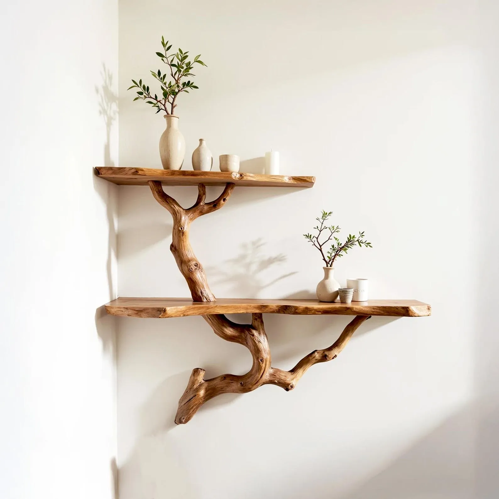 Corner tree driftwood bookshelf floating live edge tree shelf wall mount solid wood bookcase rustic furniture
