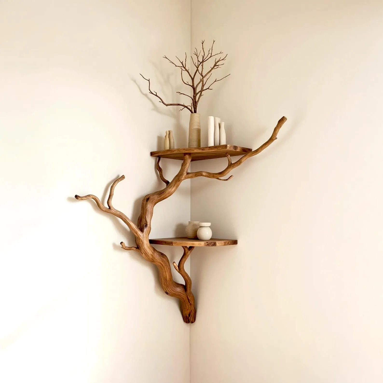 Floating corner bookshelf tree branch driftwood wall shelf tree bookcase wall mount art corner living room decoration