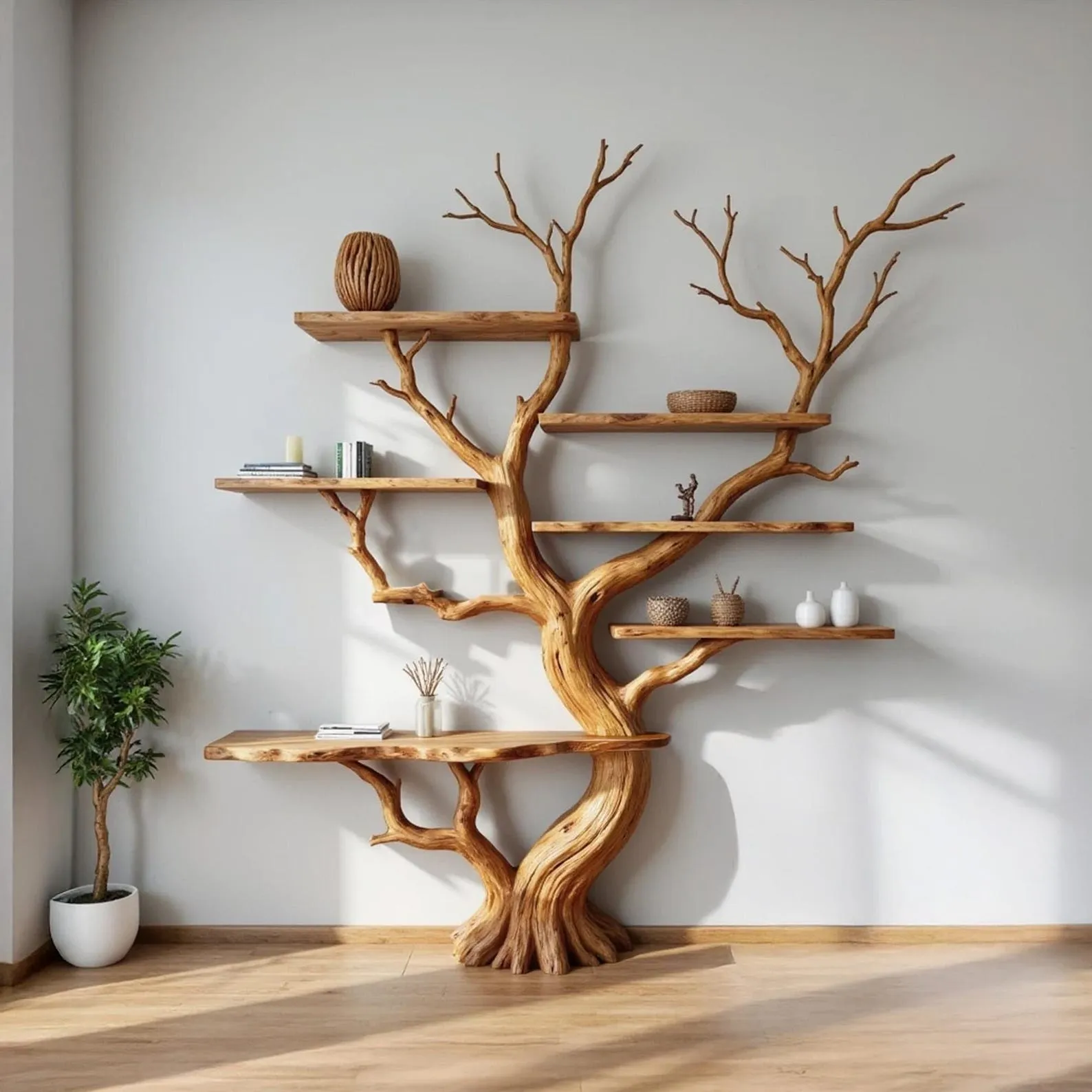 Driftwood tree bookshelf wall mount bookcase solid ood wall mount live edge shelving