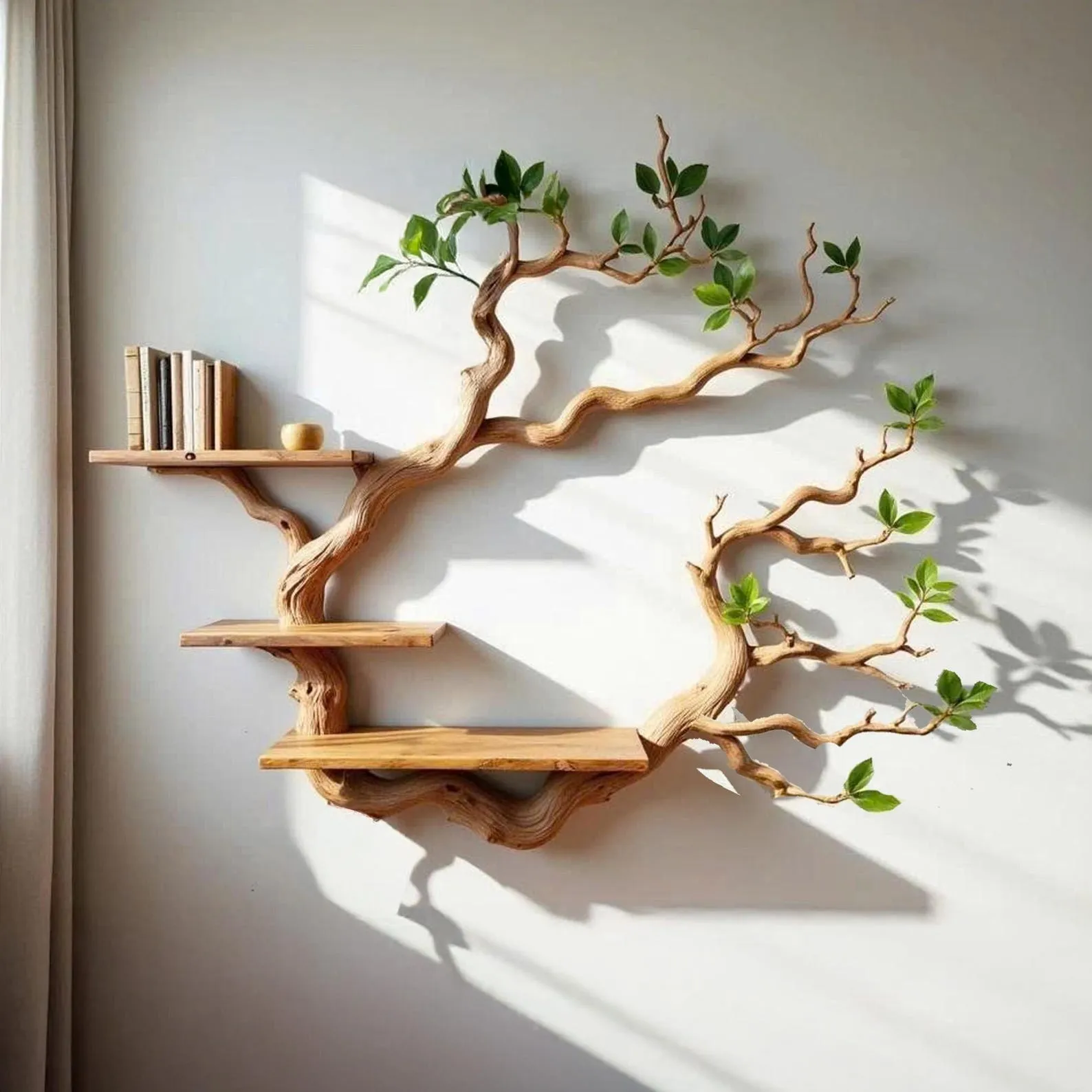Floating tree shelf wall mount driftwood bookshelf tree branch leave bookcase shelving live edge