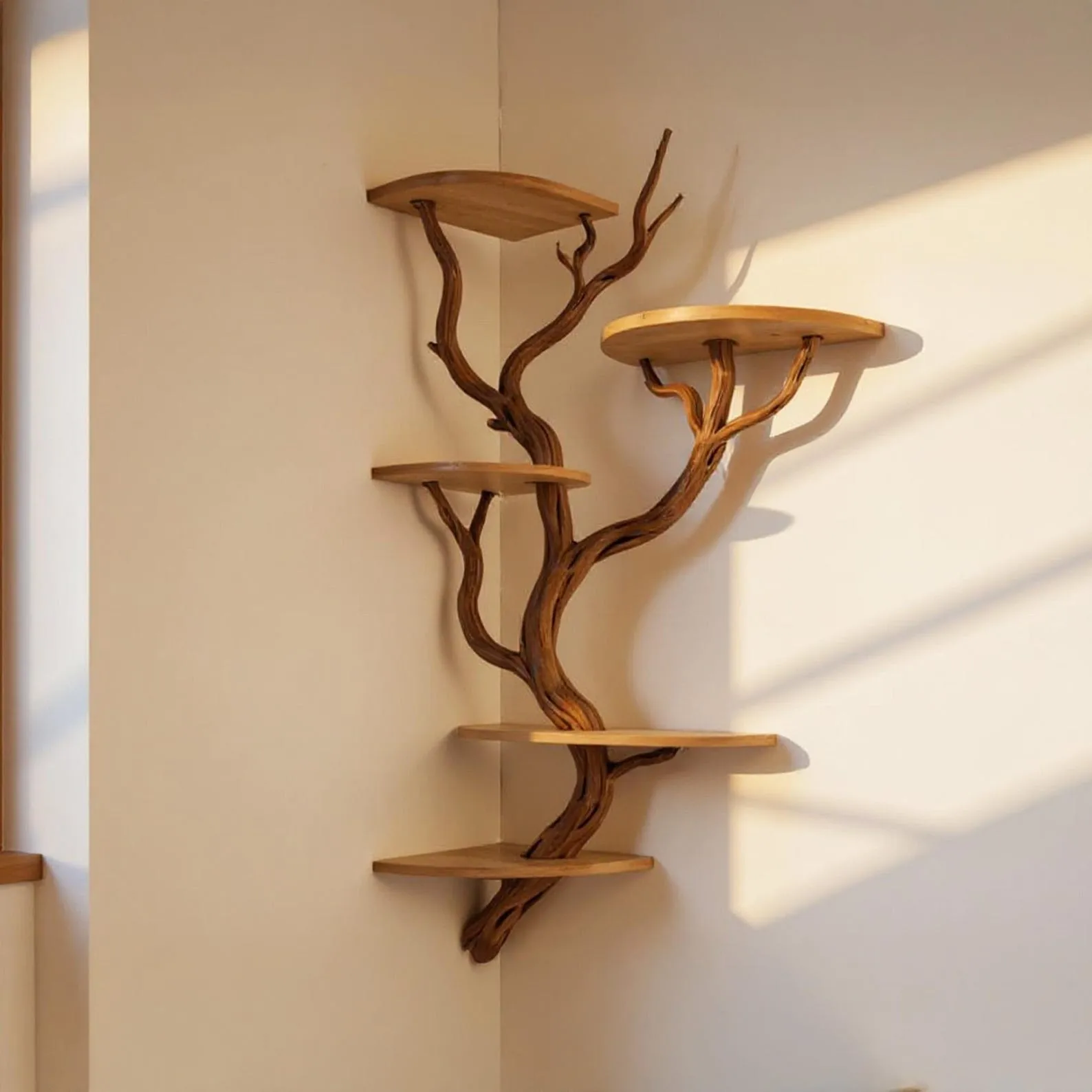 Driftwood corner tree branch bookshelf semi floating corner shelf solid wood bookcase wall mount plant shelf display shelving decoration