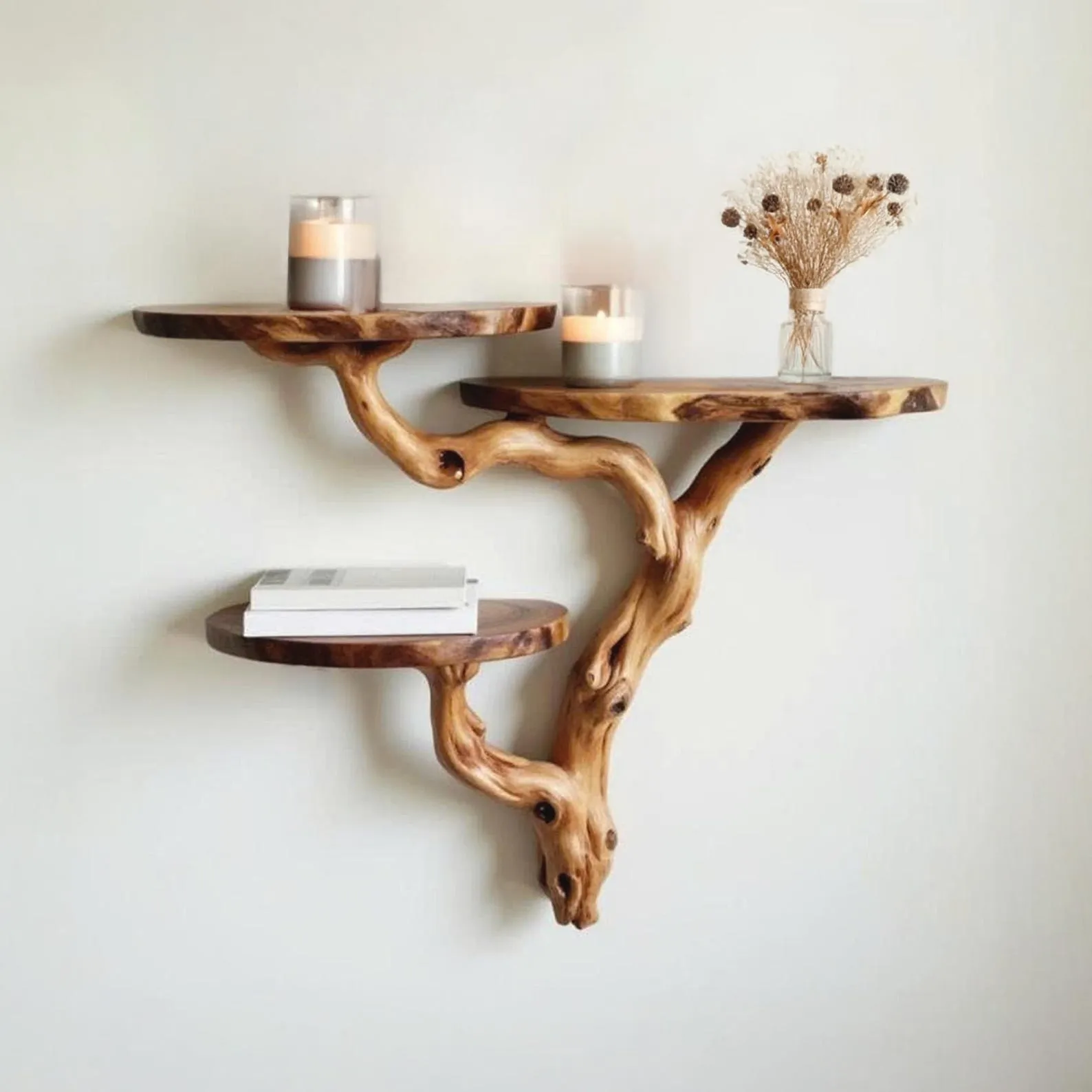 Driftwood corner shelf tree branch solid wood bookshelf corner floating shelving rustic bookcase wall mount art furniture