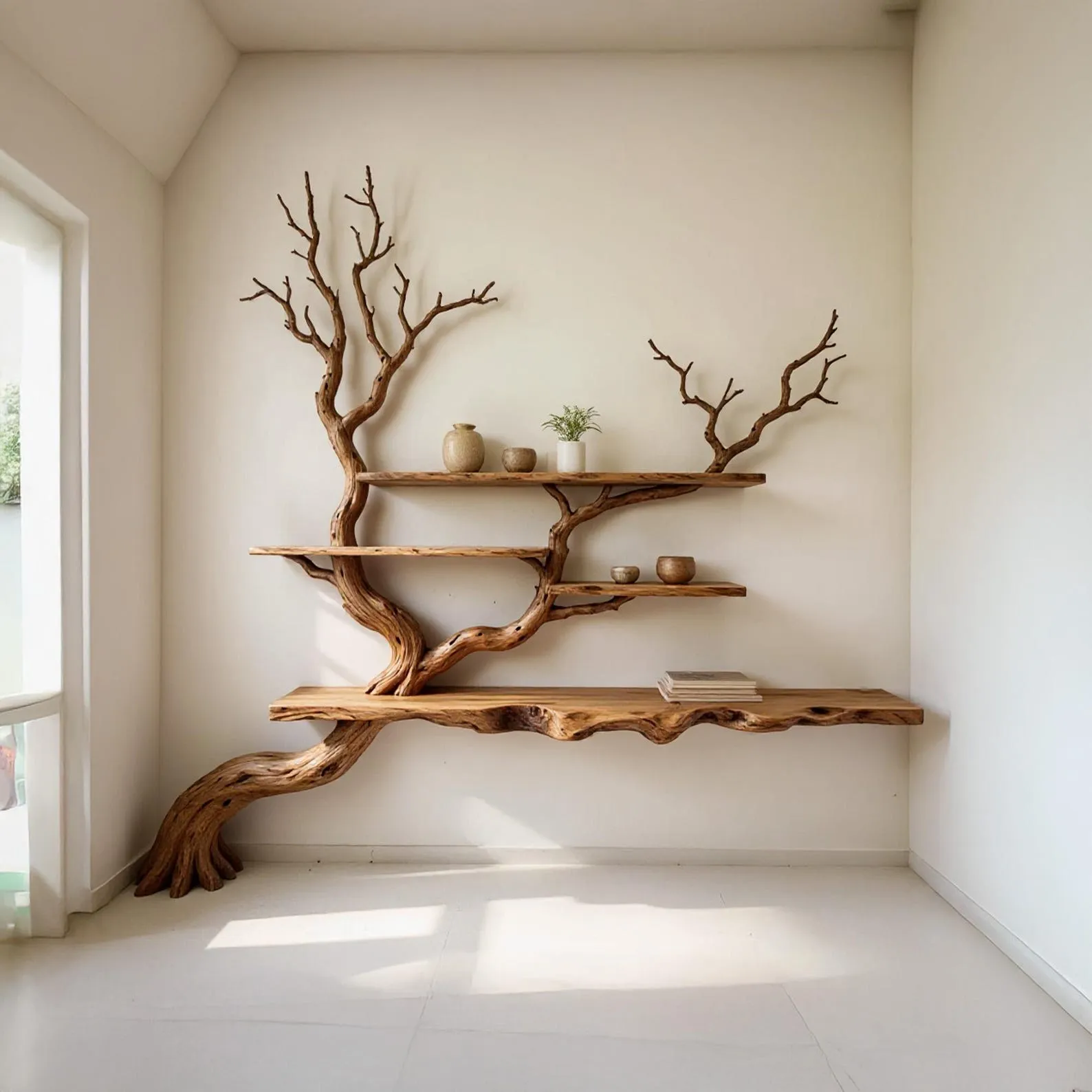 Driftwood tree corner bookshelf tree branch bookcase solid wood wall hanging live edge tree shelf