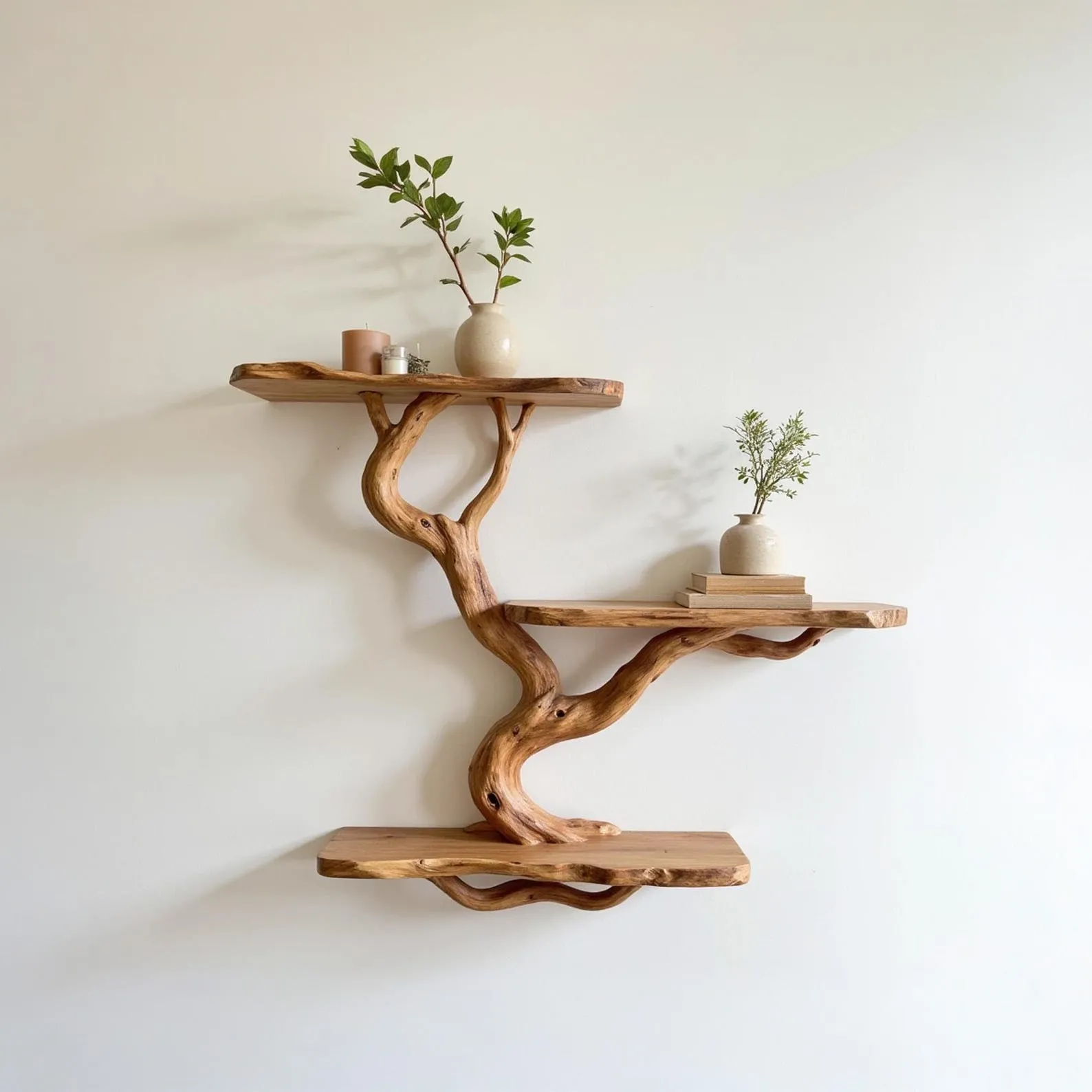 Driftwood tree branch bookshelf wall mount floating shelf hanging bookcase solid wood living room decoration