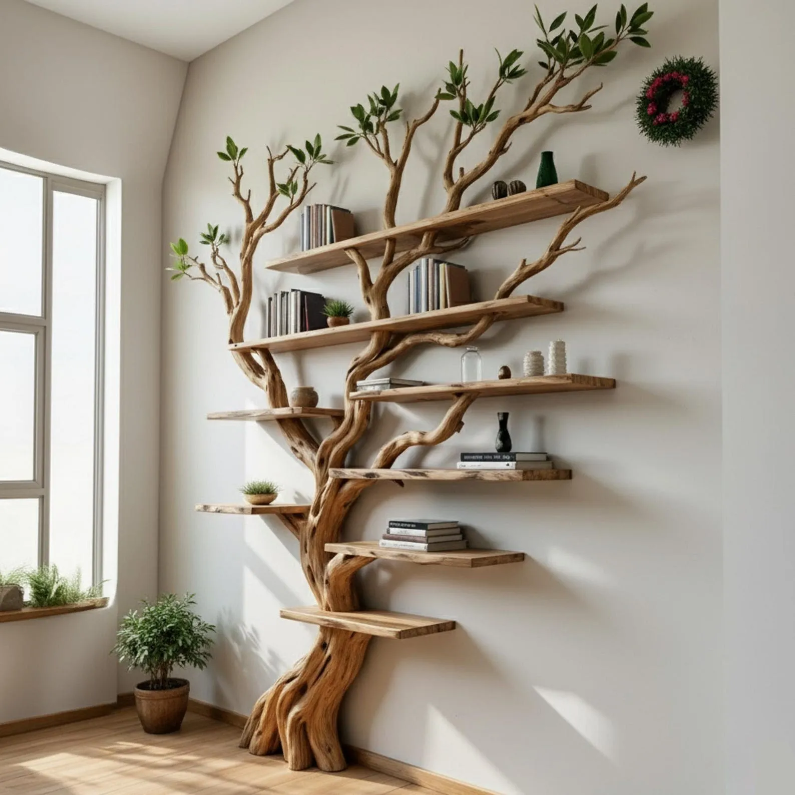 Wall mount bookshelf tree branch floating bookcase wall hanging tree shape shelving - Image 2