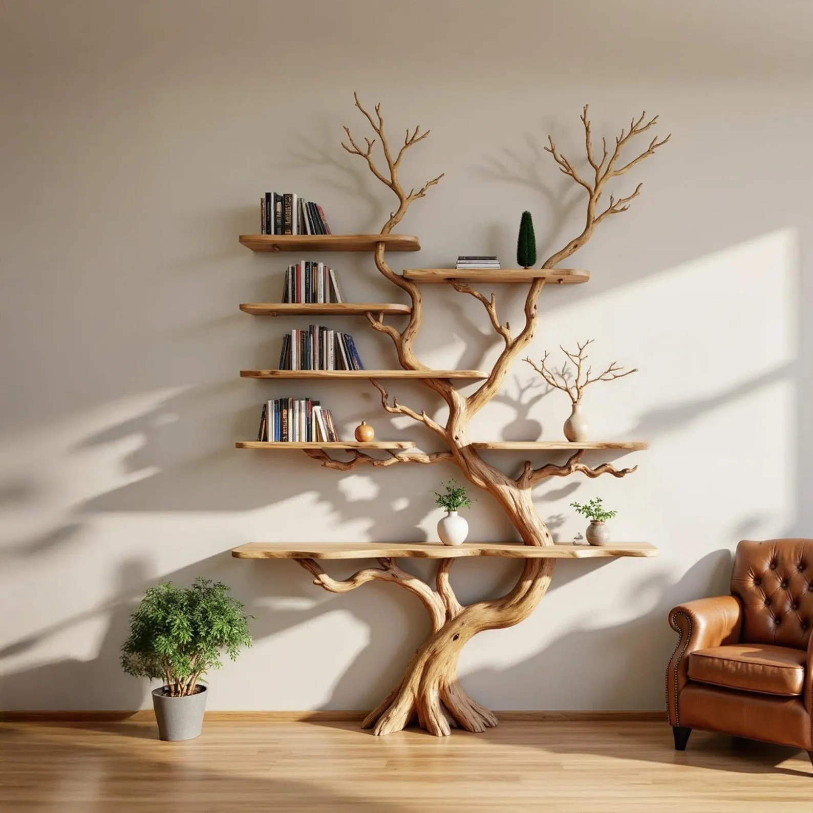 Wall mount driftwood bookshelf tree wood branch solid wood bookcase floating live edge shelf