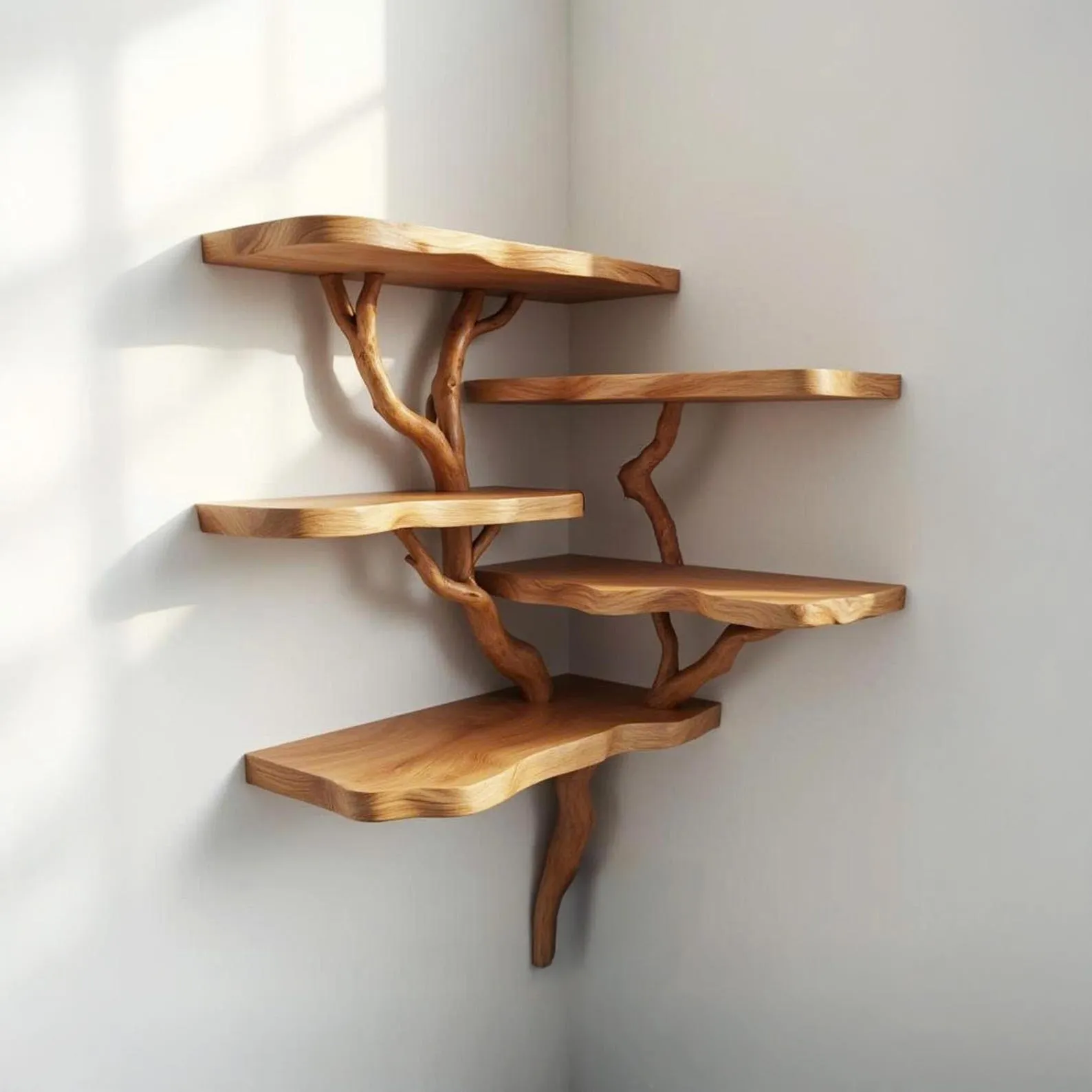 Corner wall mount tree shelf driftwood branch floating bookshelf live edge wall hanging tree branch bookcase