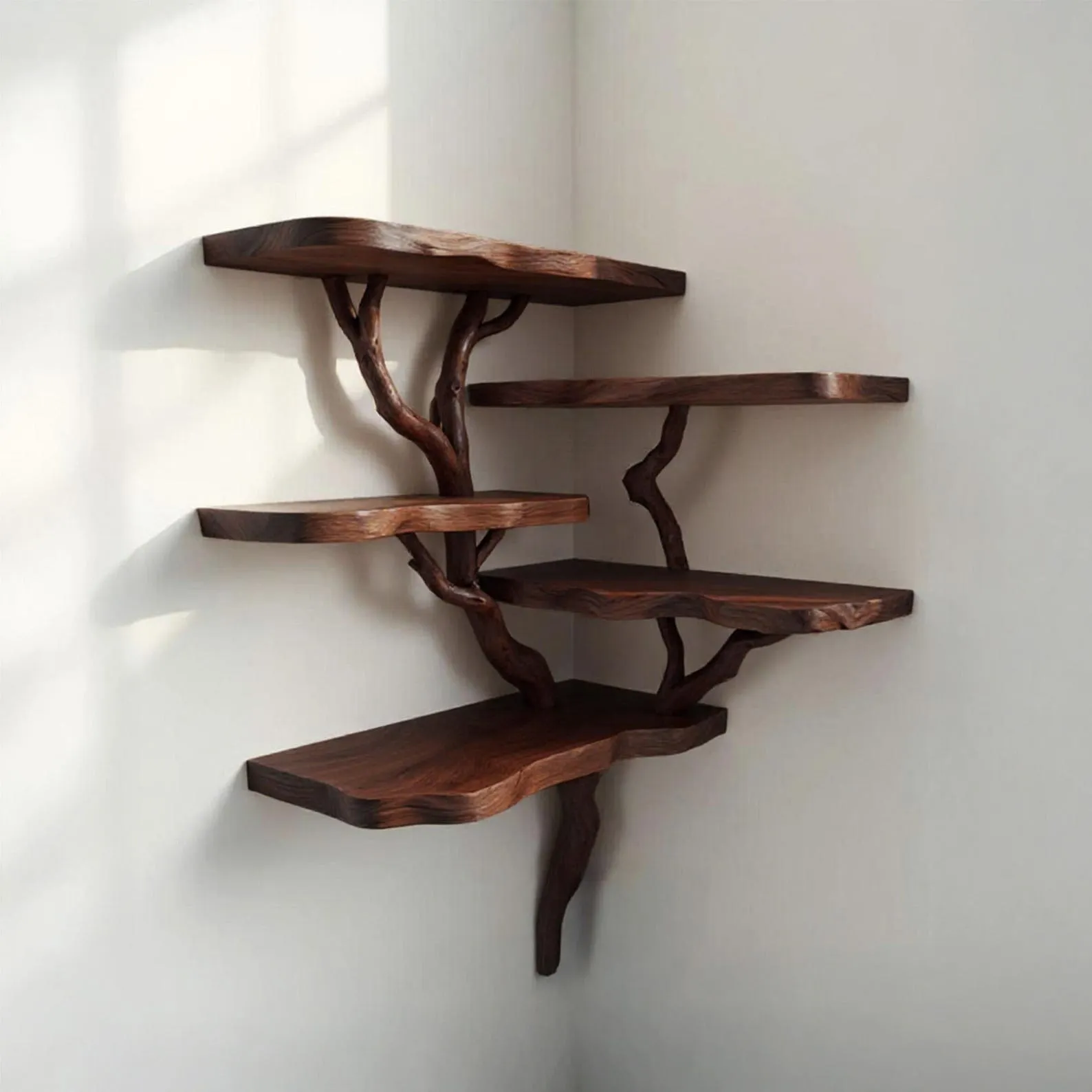 Corner wall mount tree shelf driftwood branch floating bookshelf live edge wall hanging tree branch bookcase - Image 3