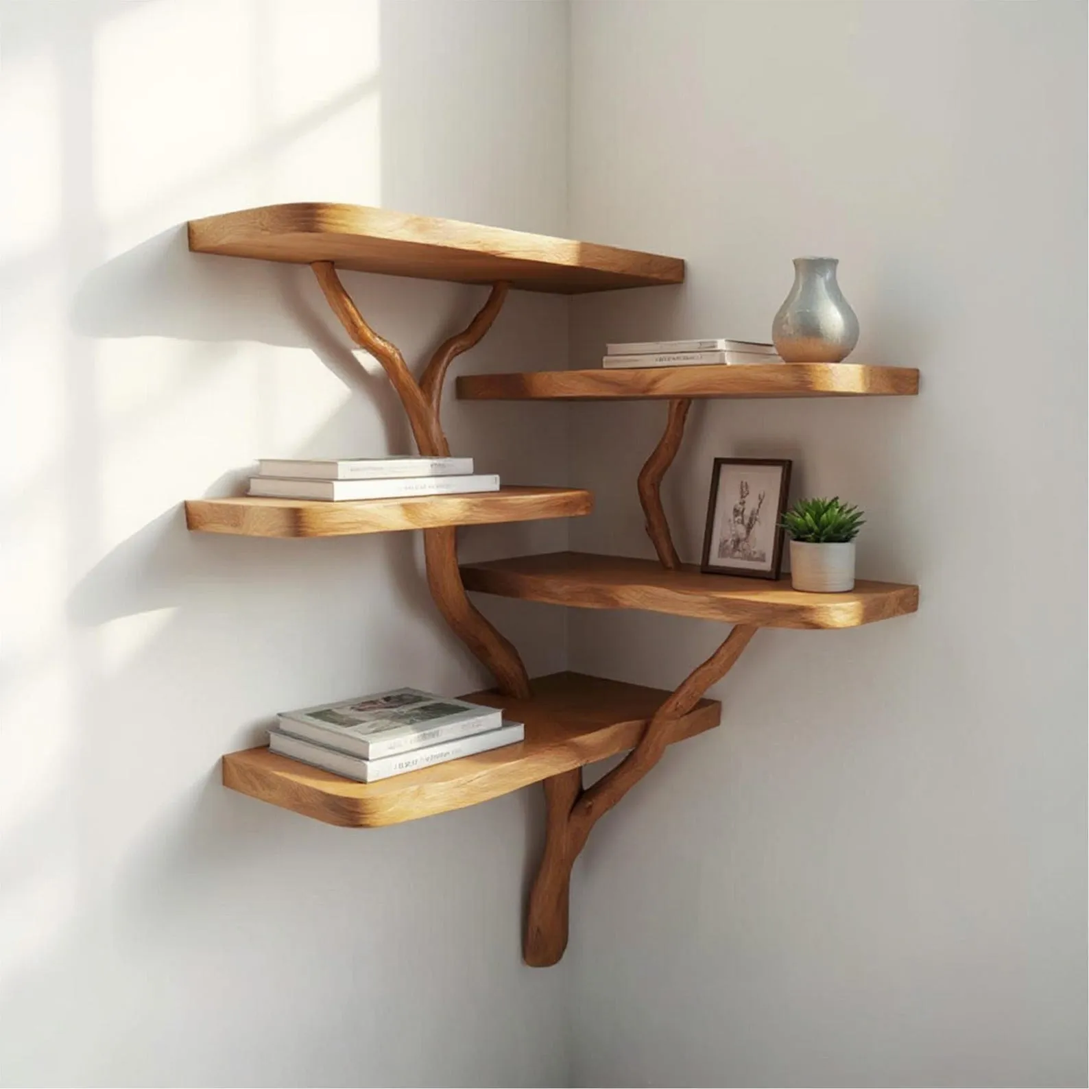 Corner wall mount tree shelf driftwood branch floating bookshelf live edge wall hanging tree branch bookcase - Image 6