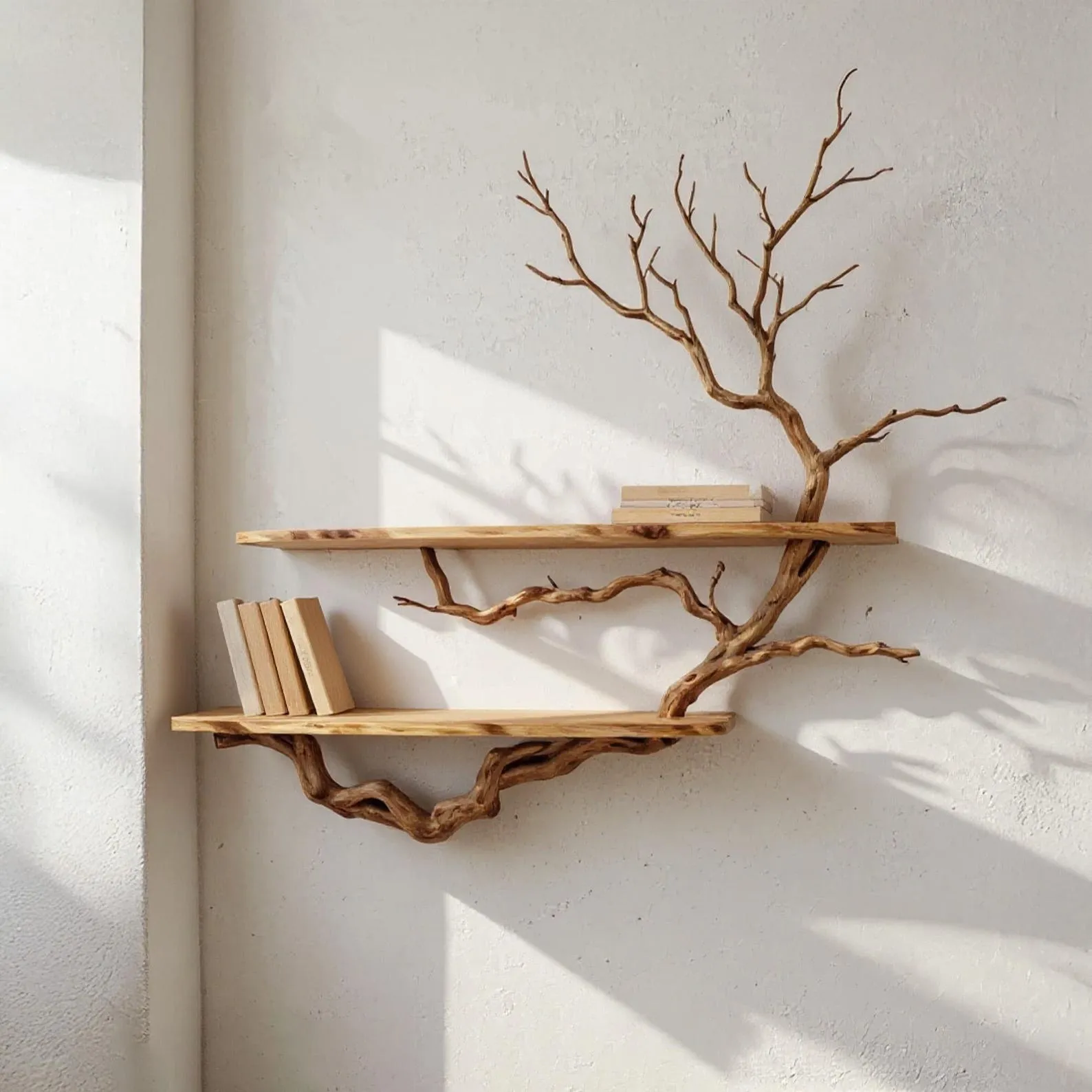 Wall mount driftwood bookshelf tree branch floating bookcase solid wood live edge shelving wall hanging