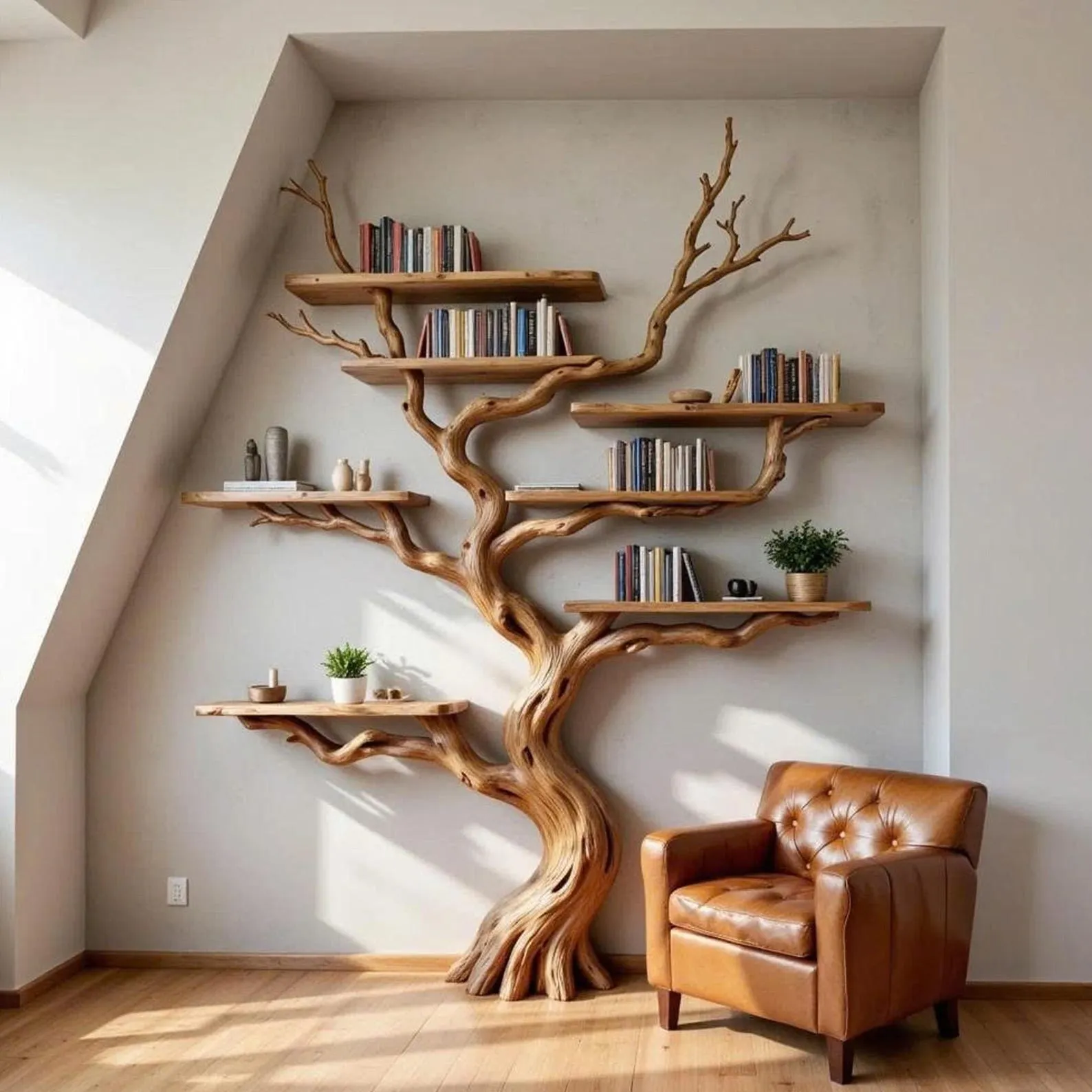 Tree shape floating bookshelf wall mount bookcase driftwood branch tree shelf solid wood live egde wall shelving