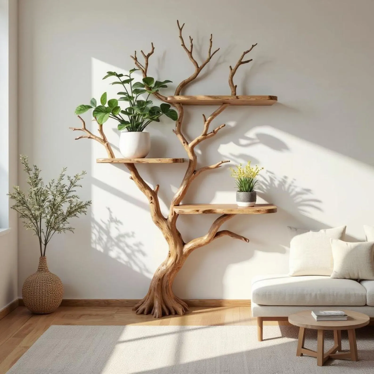 Tree branch book shelf driftwood wall mount bookcase tree wall shelf handmade furniture solid wood assembled bookshelf natural