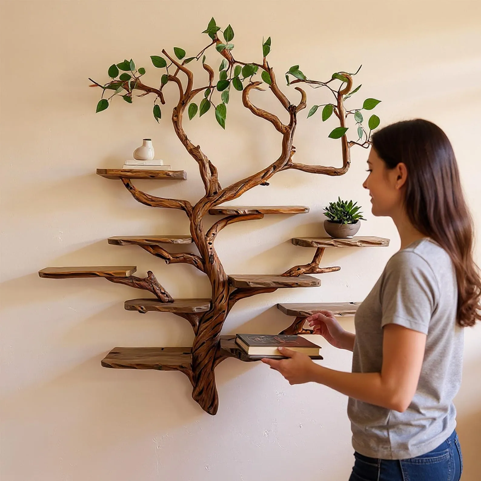 Floating live edge bookshelf driftwood tree branch bookcase wall mount hanging shelves drift wood book shelf rustic home decoration - Image 4