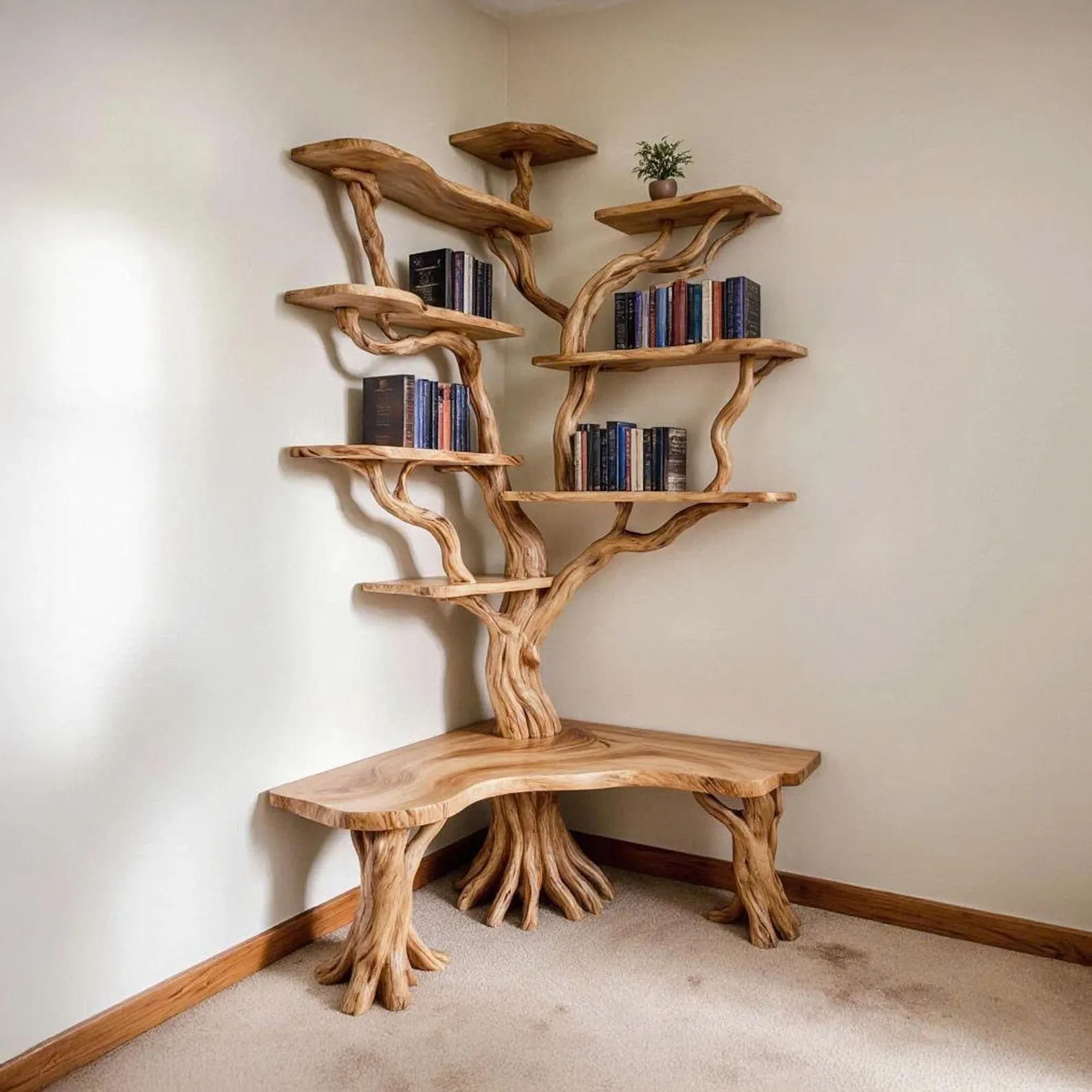 Corner tree branch bookshelf driftwood bookcase with bench corner floating wall mount book shelf scupltured tree bookcase unique decoration