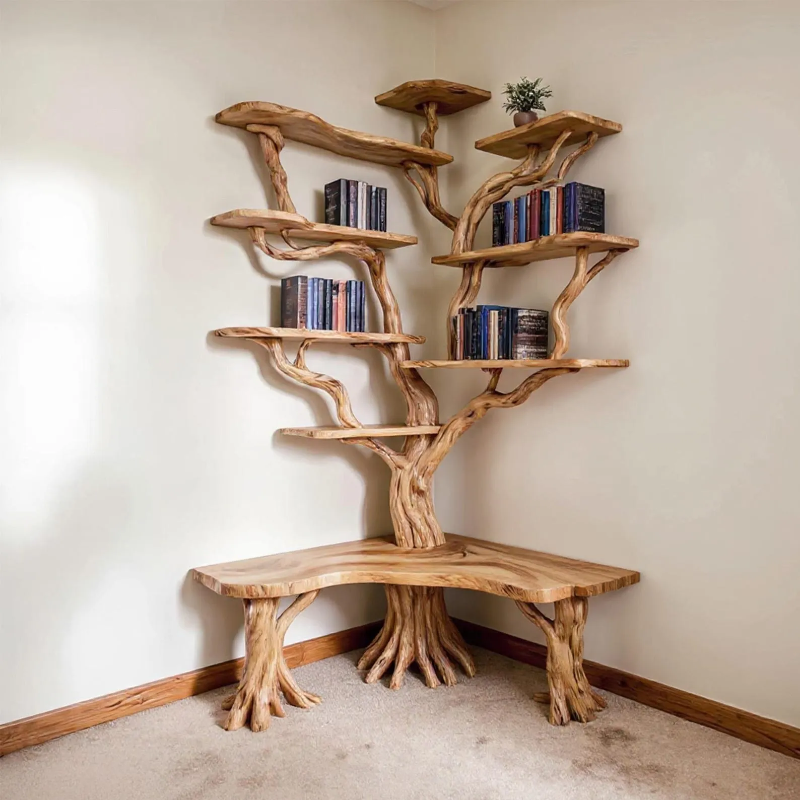 Corner tree branch bookshelf driftwood bookcase with bench corner floating wall mount book shelf scupltured tree bookcase unique decoration - Image 2