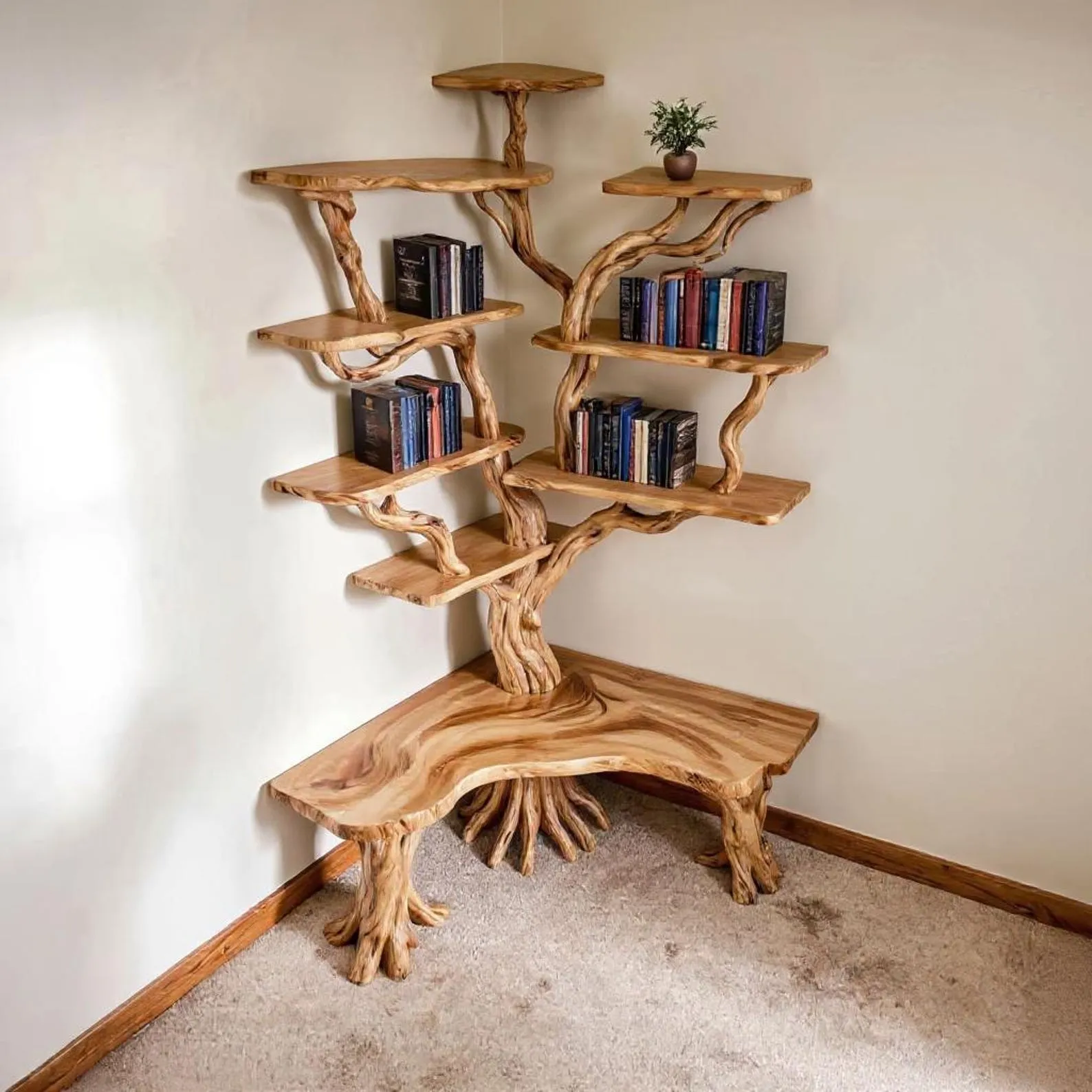 Corner tree branch bookshelf driftwood bookcase with bench corner floating wall mount book shelf scupltured tree bookcase unique decoration - Image 4