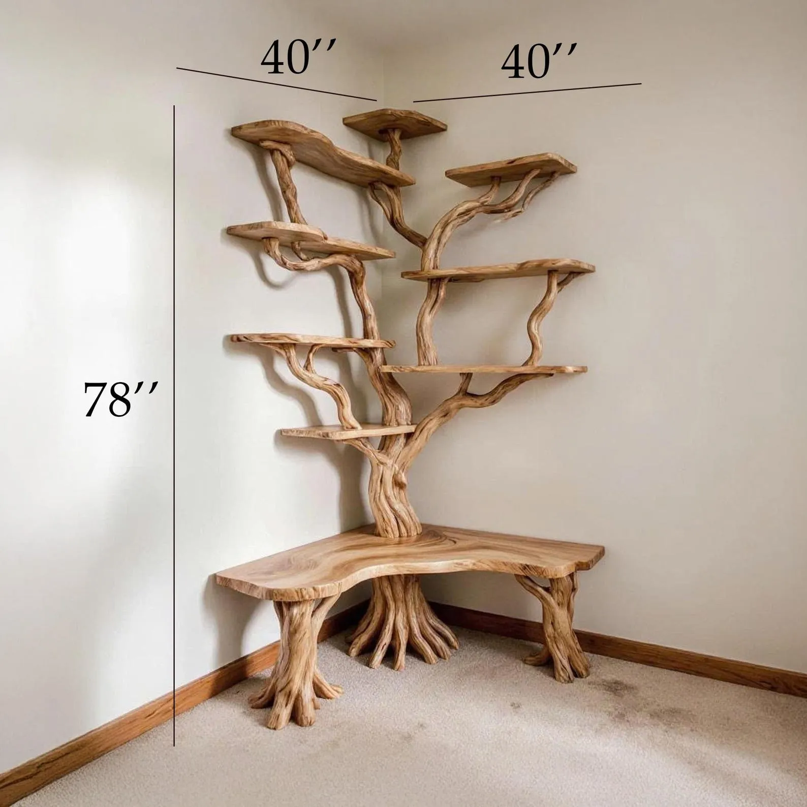 Corner tree branch bookshelf driftwood bookcase with bench corner floating wall mount book shelf scupltured tree bookcase unique decoration - Image 5