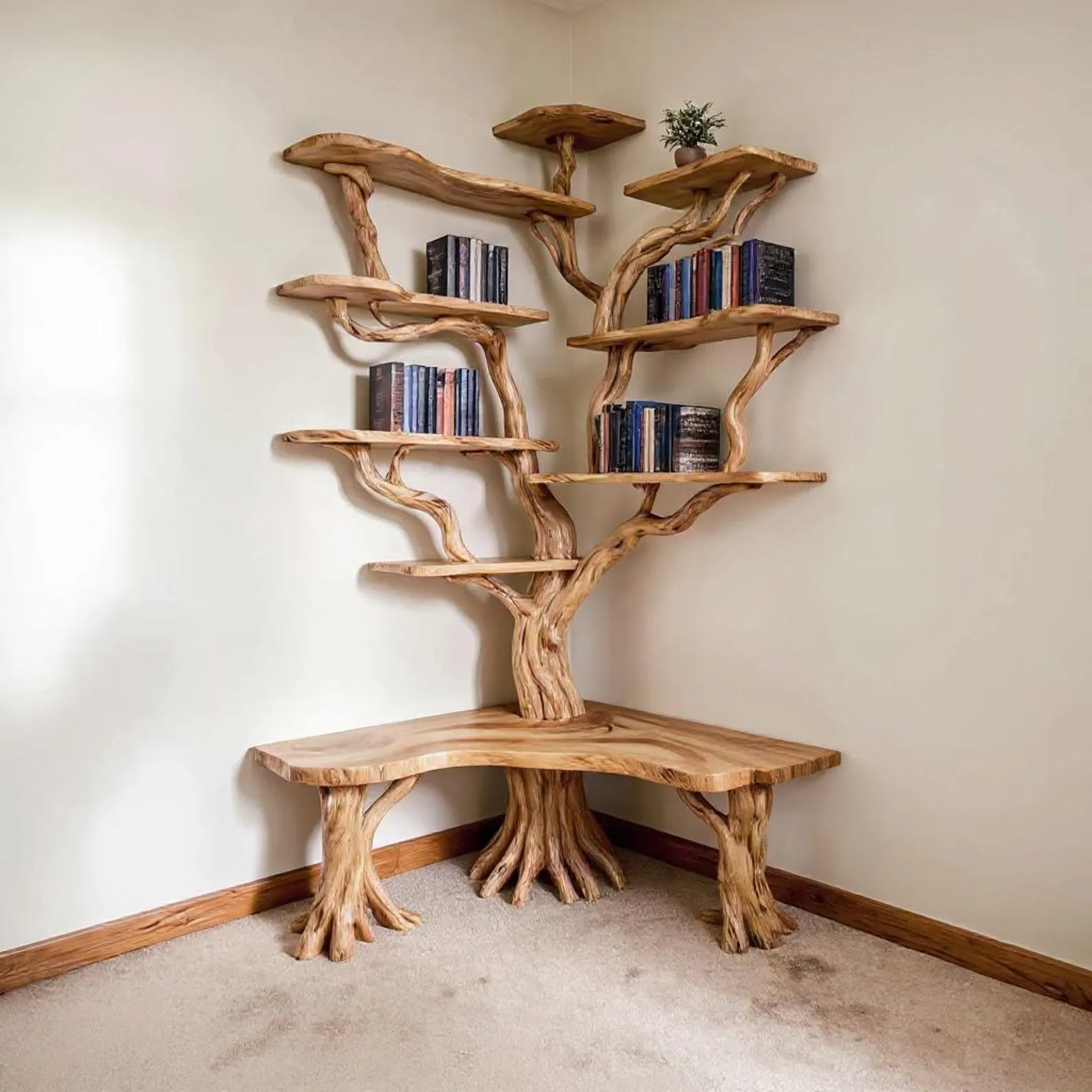Corner tree branch bookshelf driftwood bookcase with bench corner floating wall mount book shelf scupltured tree bookcase unique decoration - Image 9