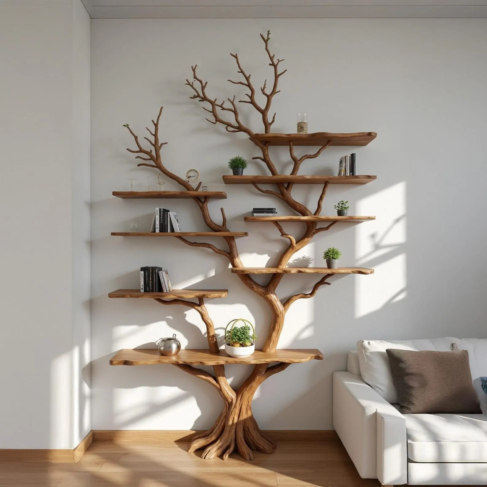 Driftwood tree bookshelf solid wood floating bookcase wall mount live edge shelving display scupltured tree branch furniture decoration