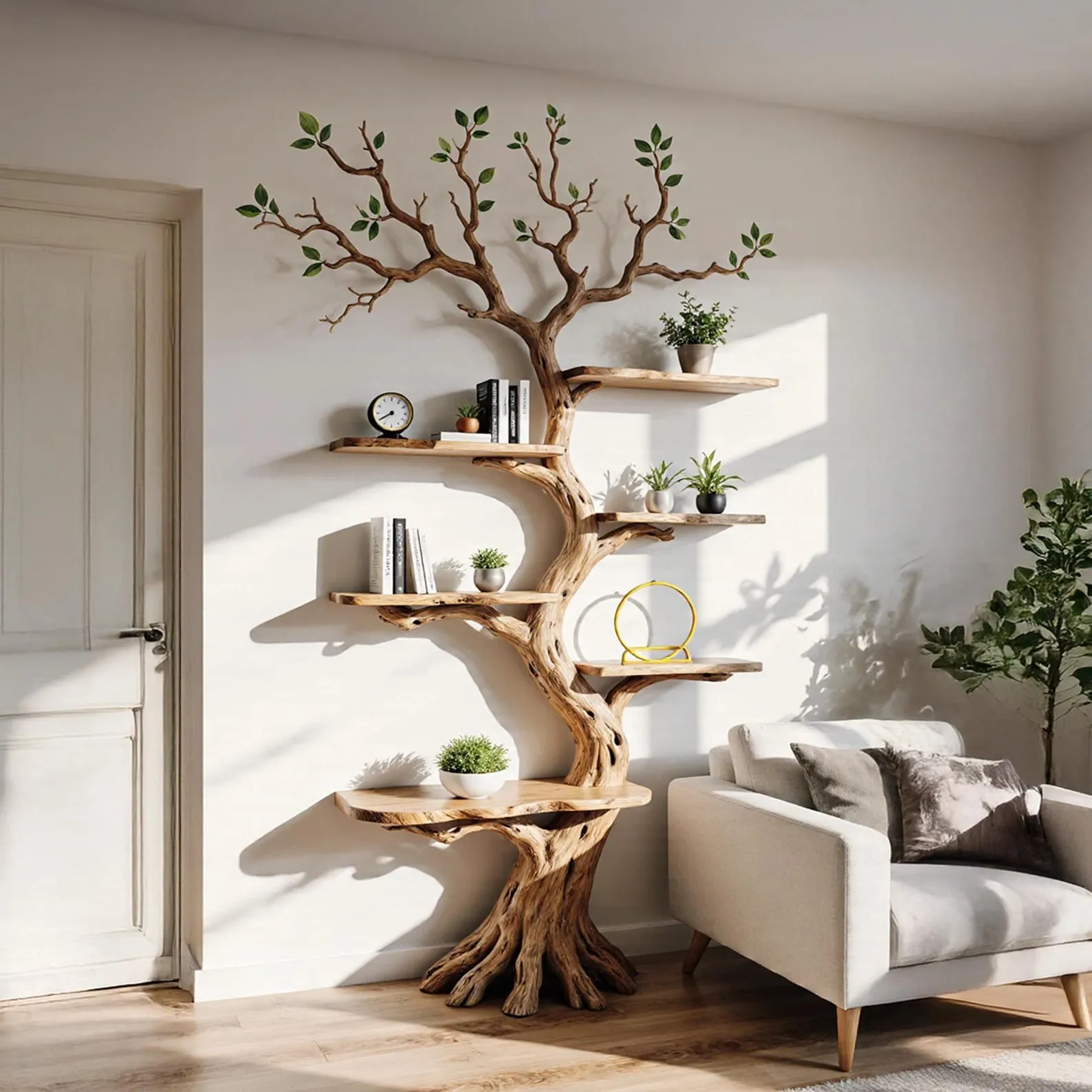Tree bookshelf driftwood branch scupltured solid wood bookcase wall mount live edge bookshelf handcrafted living room decoration