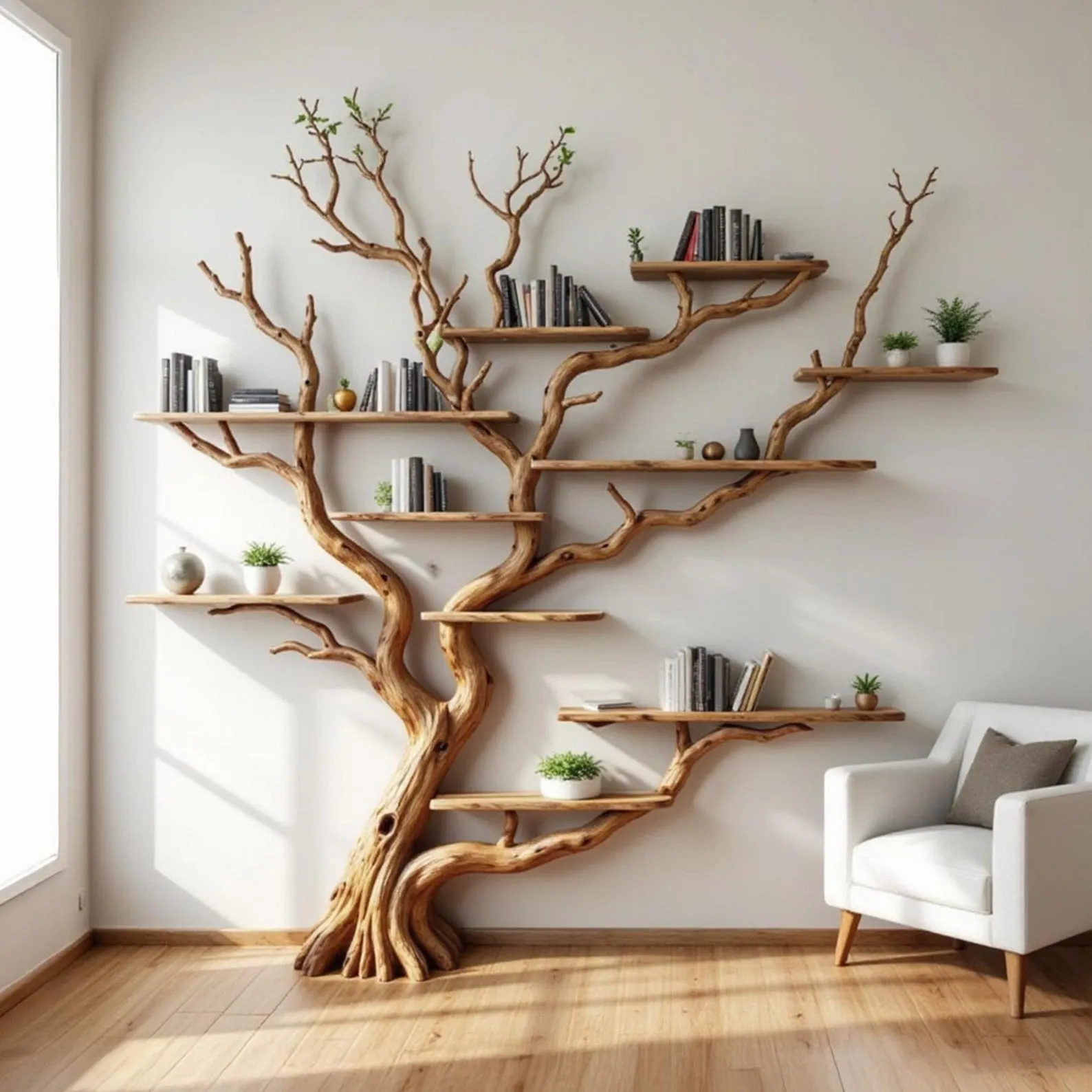 Solid wood tree bookshelf scupltured driftwood tree branch bookcase wall mount live edge bookshelf handcrafted living room decoration