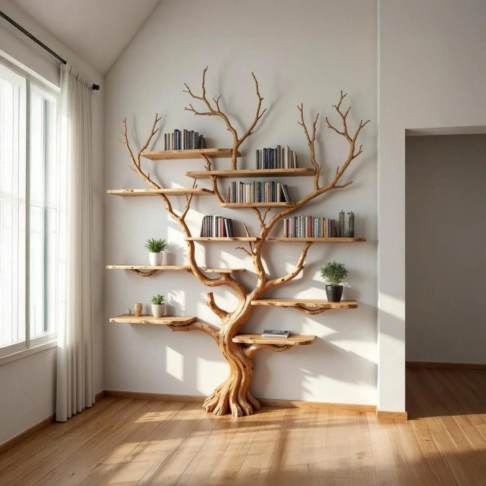 Tree branch bookshelf dercor wall mount art floor solid wood bookcase handmade furniture home decorations