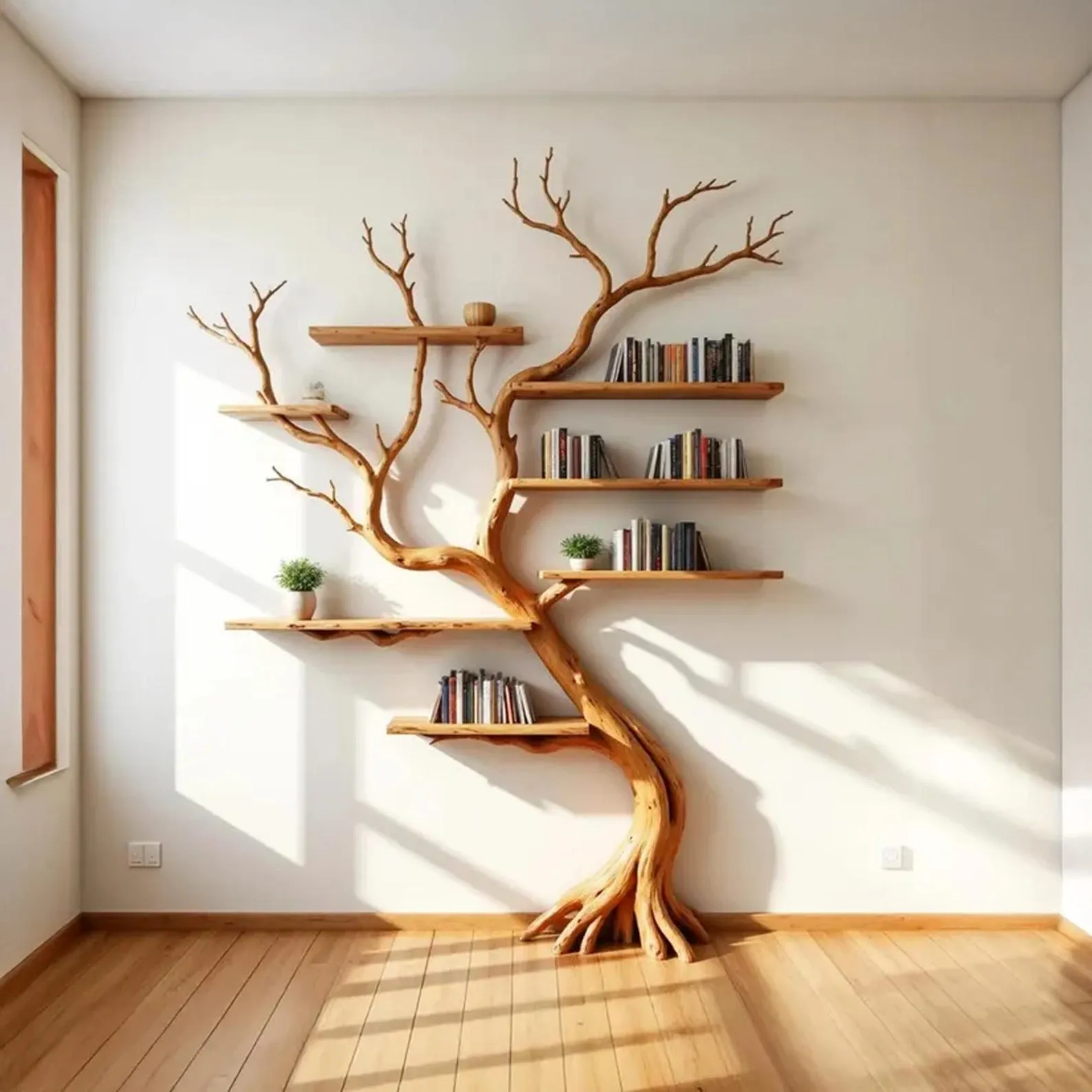 Tree bookshelf driftwood branch shelf wall mount solid wood bookcase art unique handmade furniture decor for living room