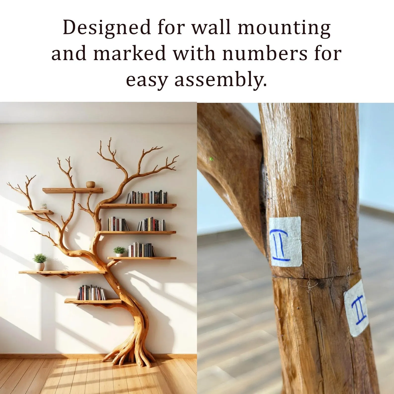 Tree bookshelf driftwood branch shelf wall mount solid wood bookcase art unique handmade furniture decor for living room - Image 3