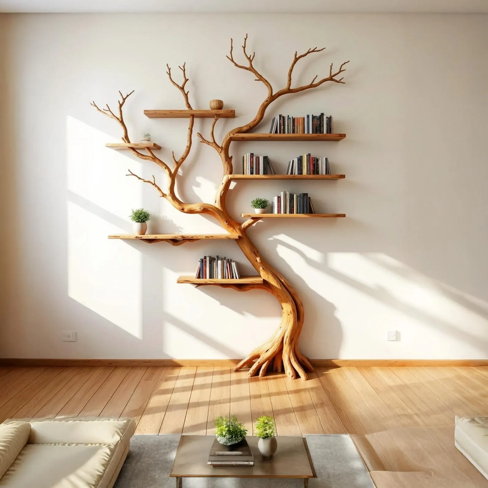 Tree bookshelf driftwood branch shelf wall mount solid wood bookcase art unique handmade furniture decor for living room - Image 5
