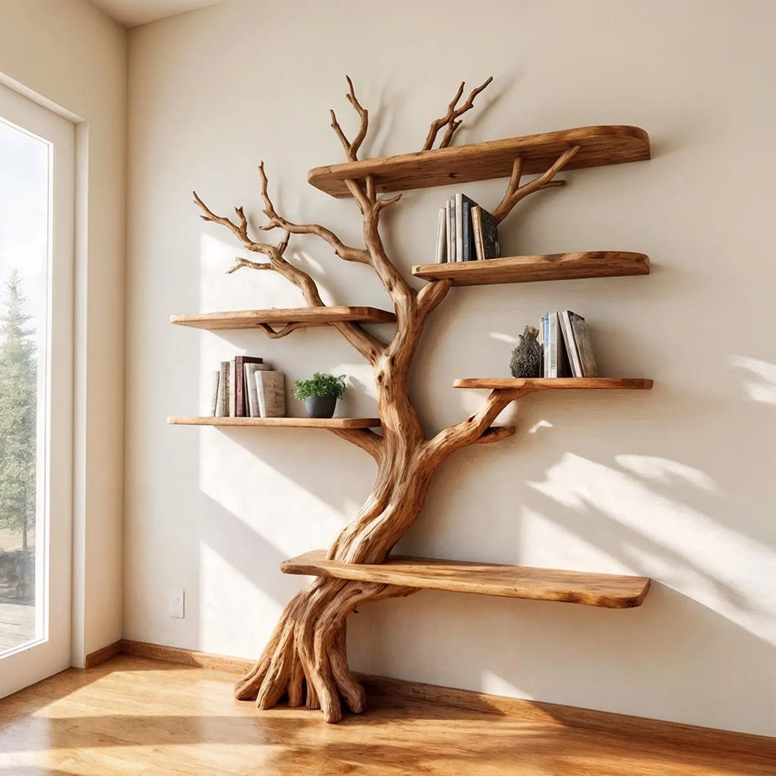 Driftwood tree branch bookshelf decorative solid wood bookcase wall mount tree shelf art handcrafted rustic furniture