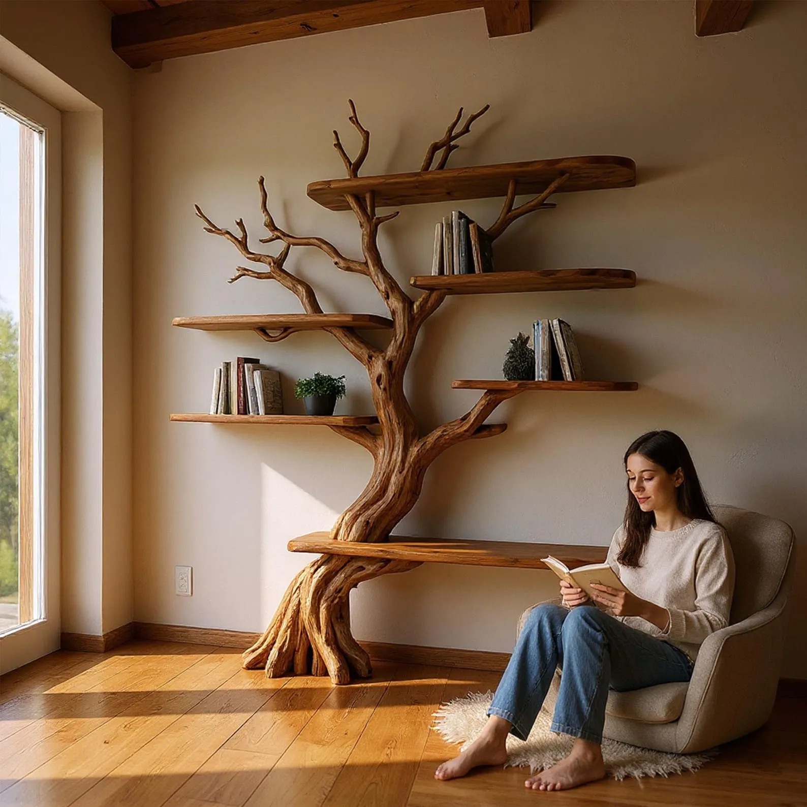 Driftwood tree branch bookshelf decorative solid wood bookcase wall mount tree shelf art handcrafted rustic furniture - Image 2