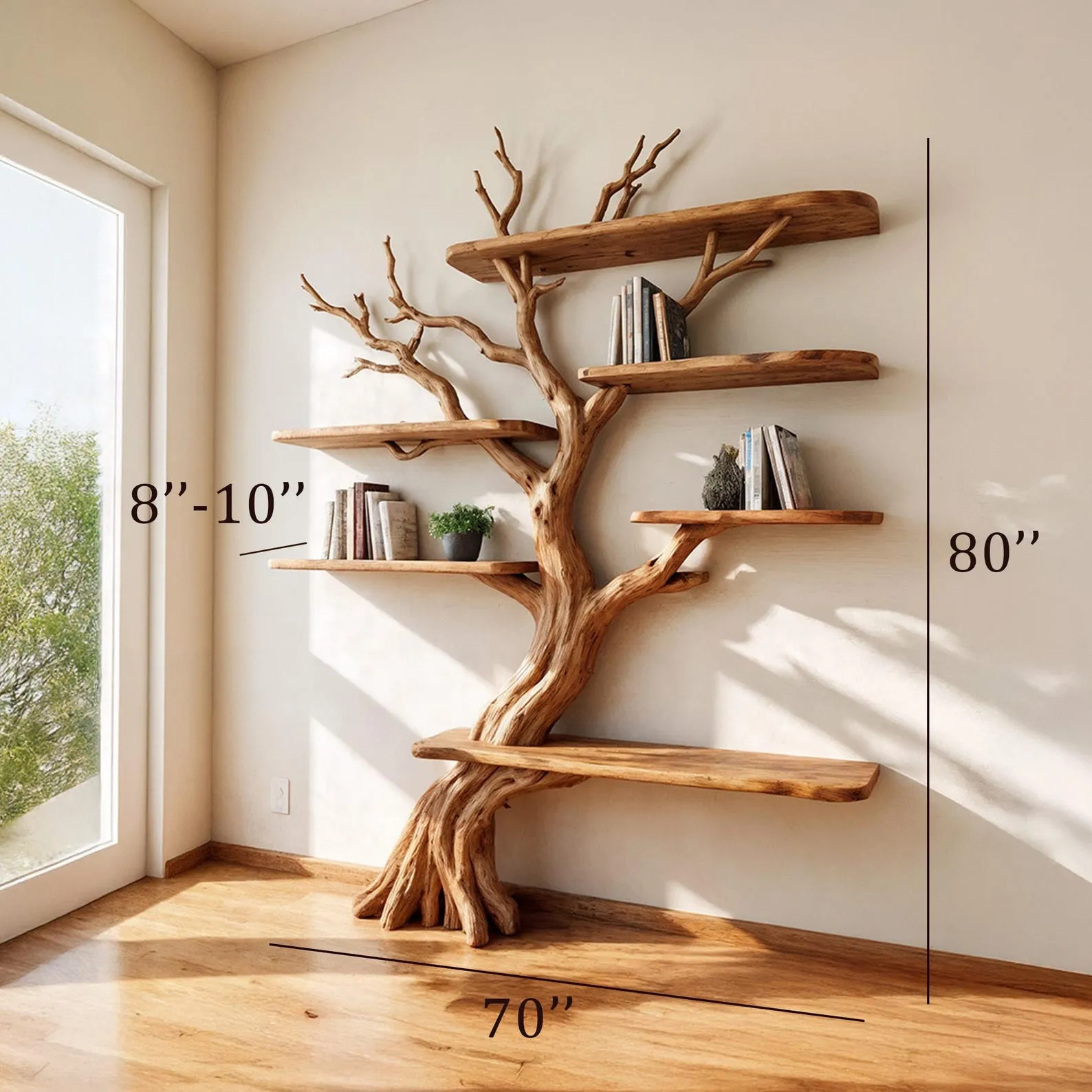 Driftwood tree branch bookshelf decorative solid wood bookcase wall mount tree shelf art handcrafted rustic furniture - Image 3