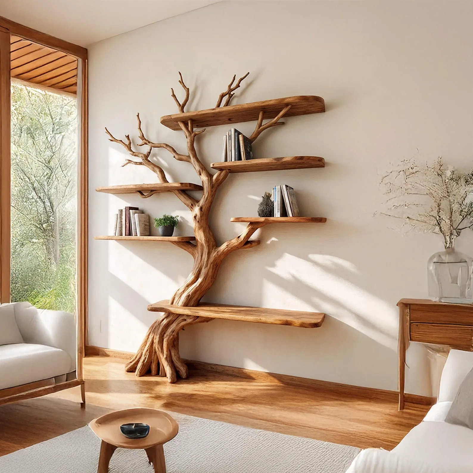 Driftwood tree branch bookshelf decorative solid wood bookcase wall mount tree shelf art handcrafted rustic furniture - Image 4