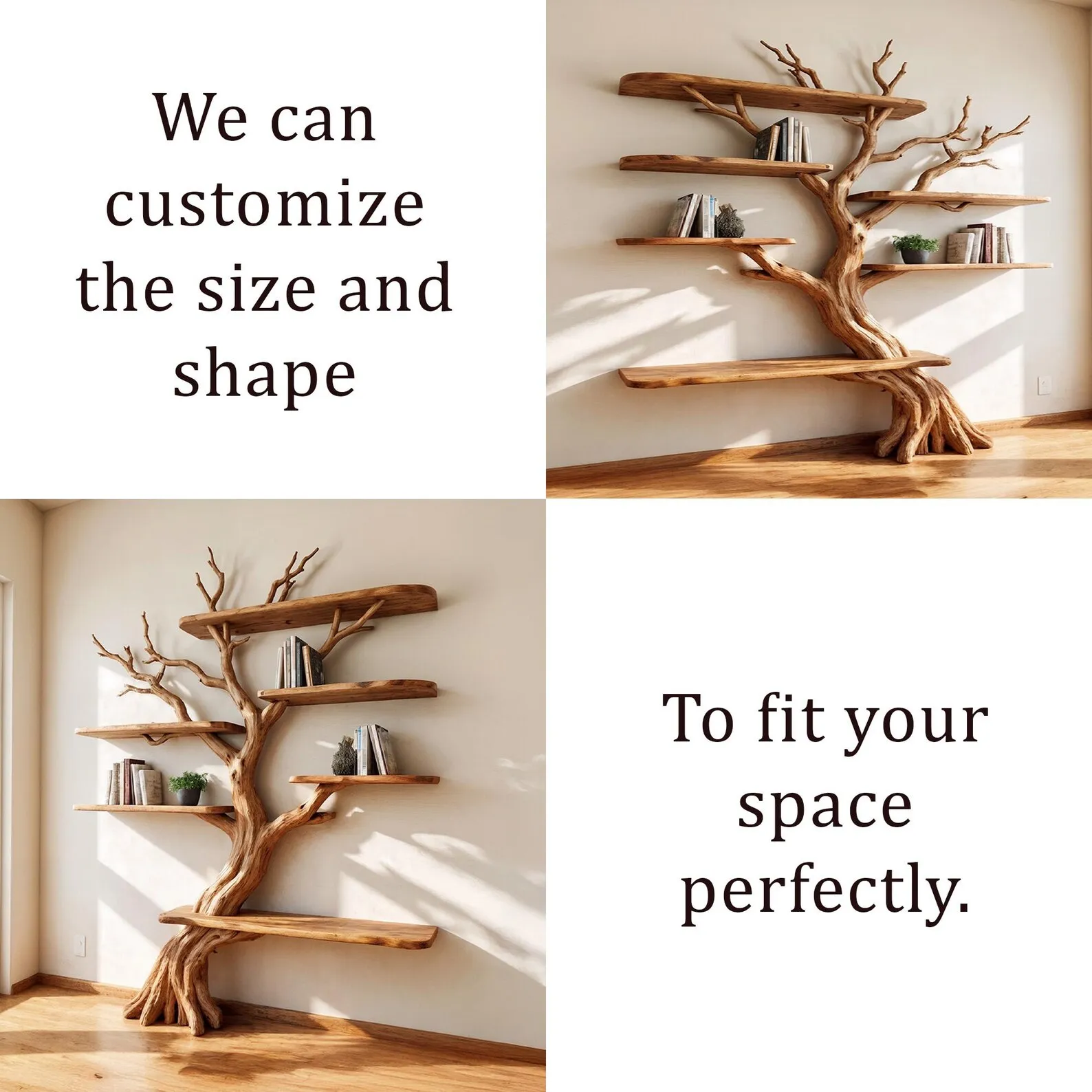 Driftwood tree branch bookshelf decorative solid wood bookcase wall mount tree shelf art handcrafted rustic furniture - Image 7