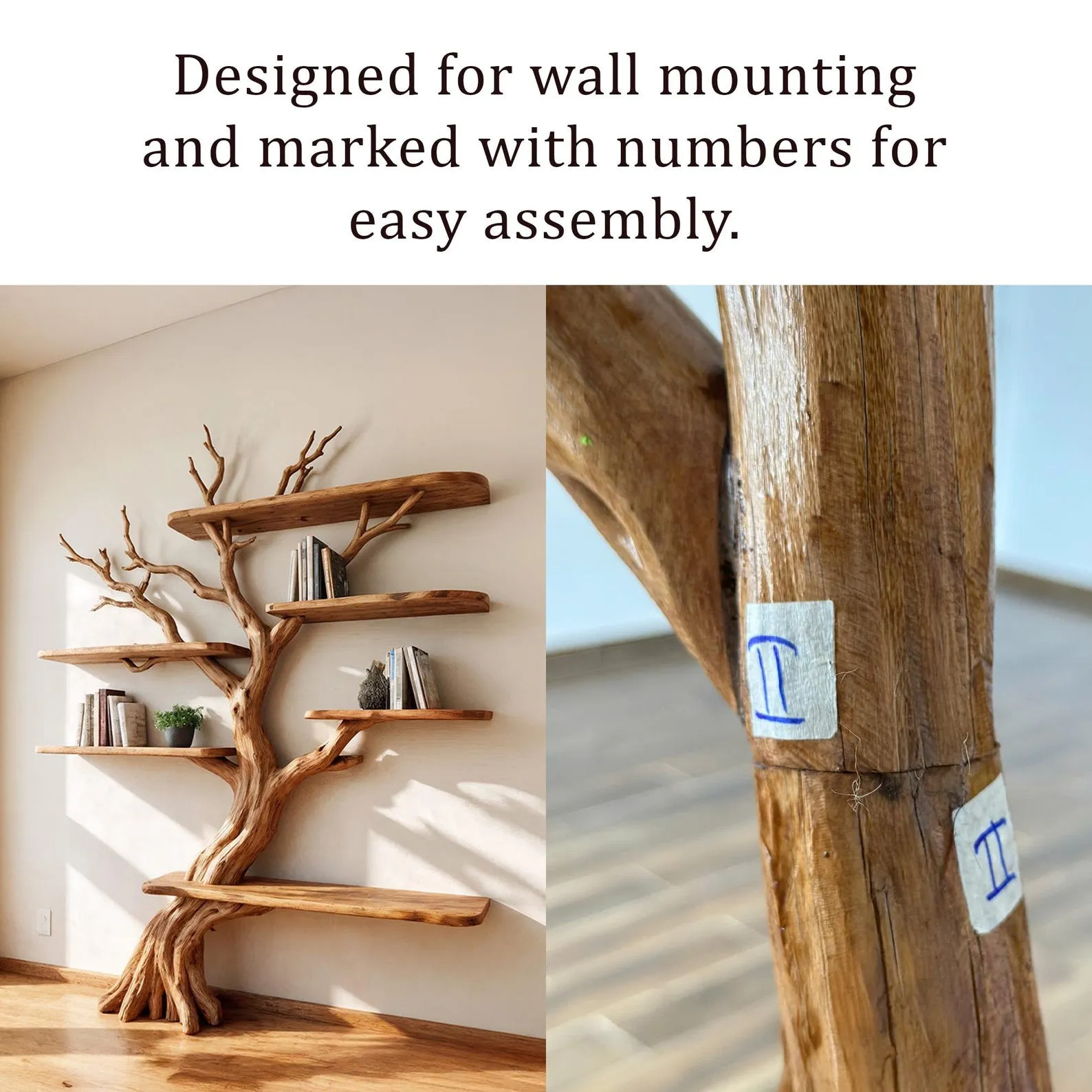 Driftwood tree branch bookshelf decorative solid wood bookcase wall mount tree shelf art handcrafted rustic furniture - Image 9
