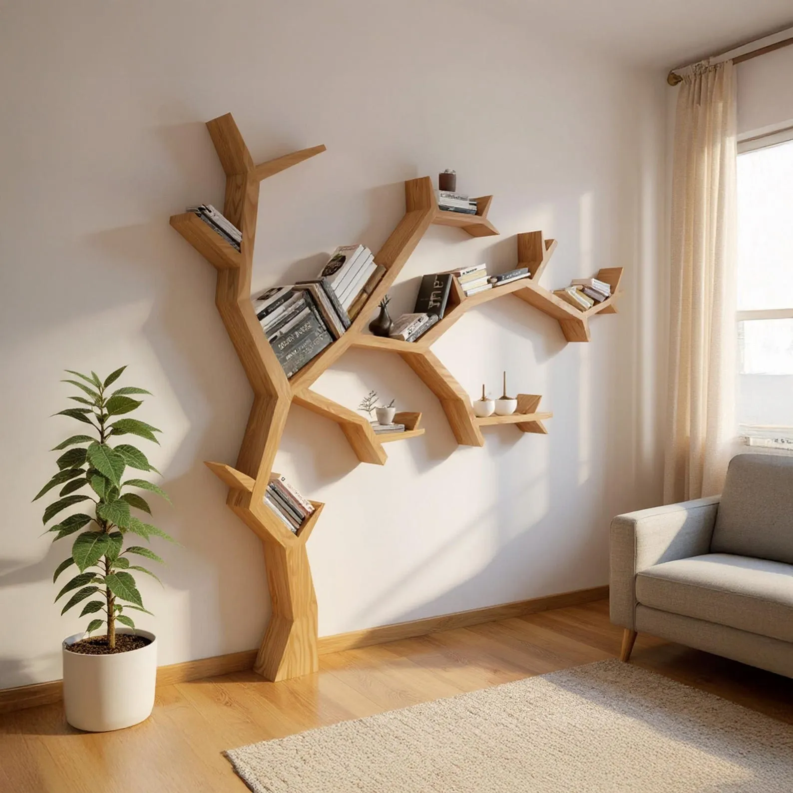 Solid wood nursery bookshelf wall mount montessori bookcase assemble floating bookshelf floor display tree shelf decoration