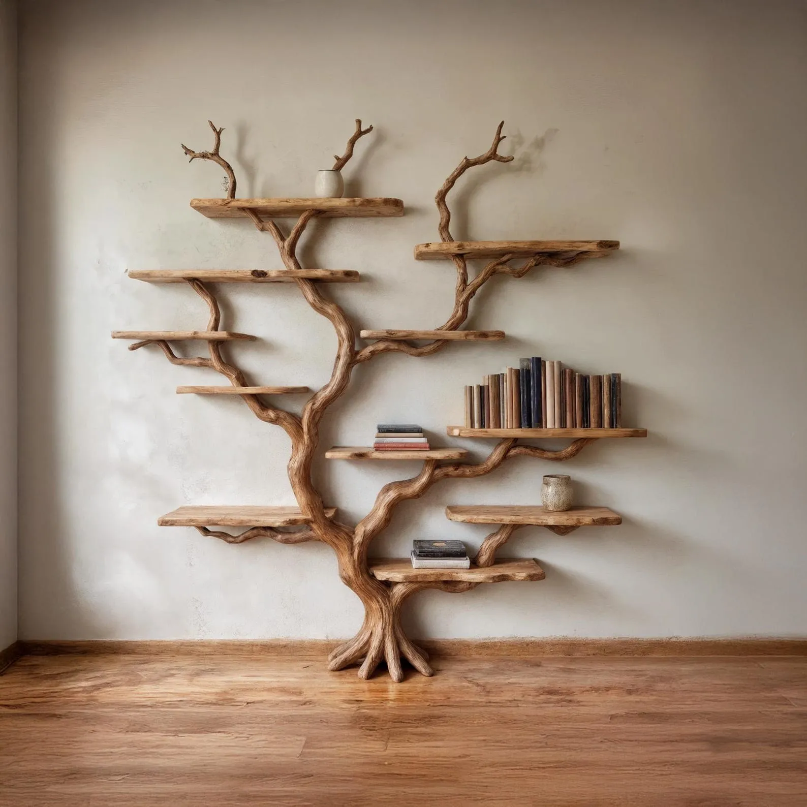 Tree branch bookshelf wall mount driftwood shelf solid wood bookcase art unique handmade furniture