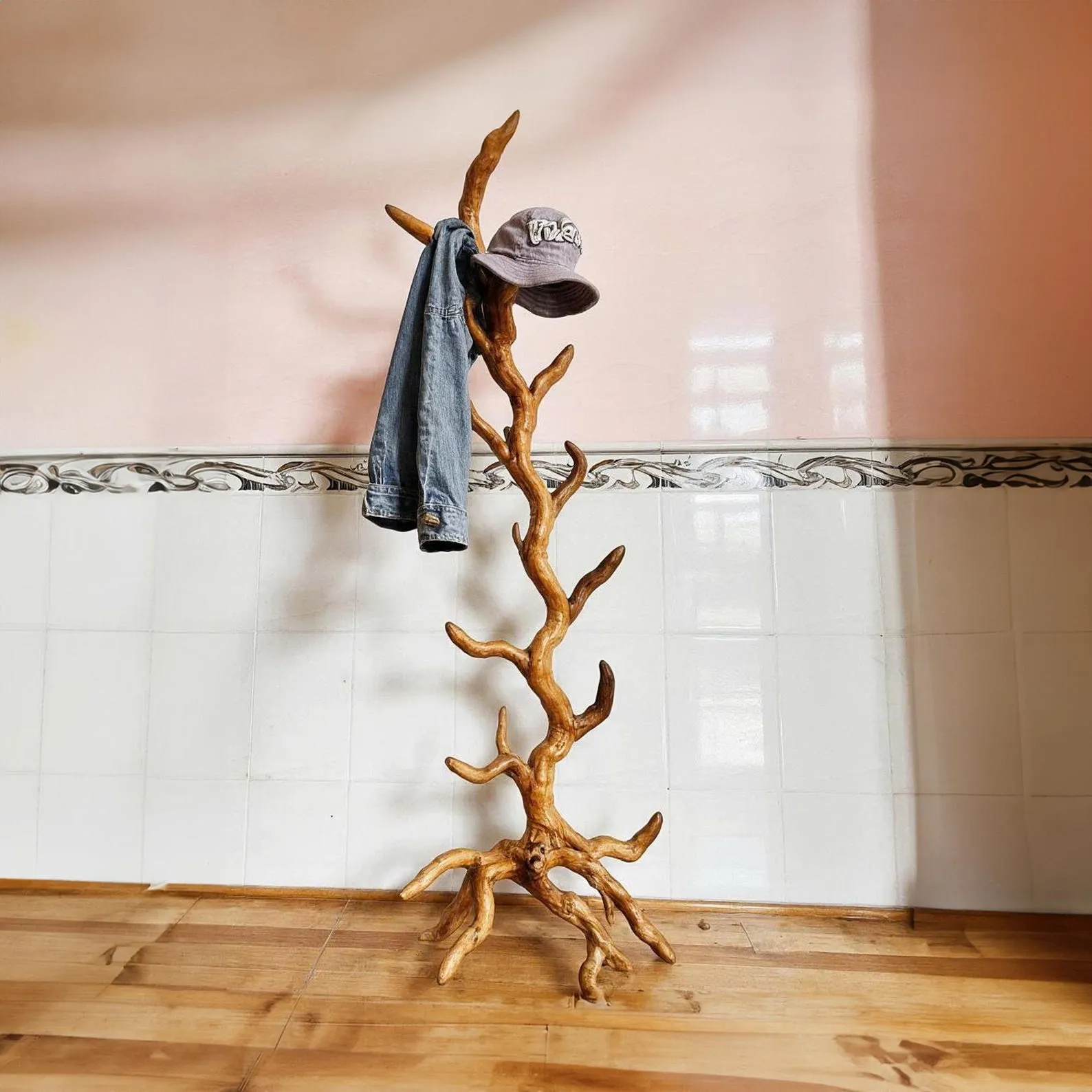 Free standing tree branch coat rack driftwood coat hook hanging clothes solid wood