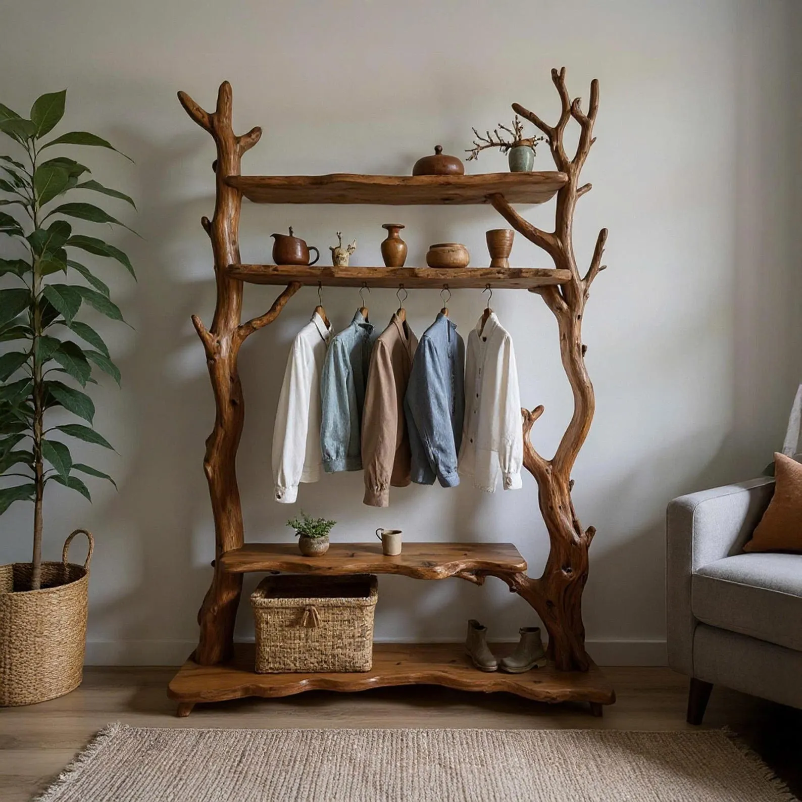 Driftwood tree branch coat rack driftwood coat hook solid wood wall mount shoe storage wood branch