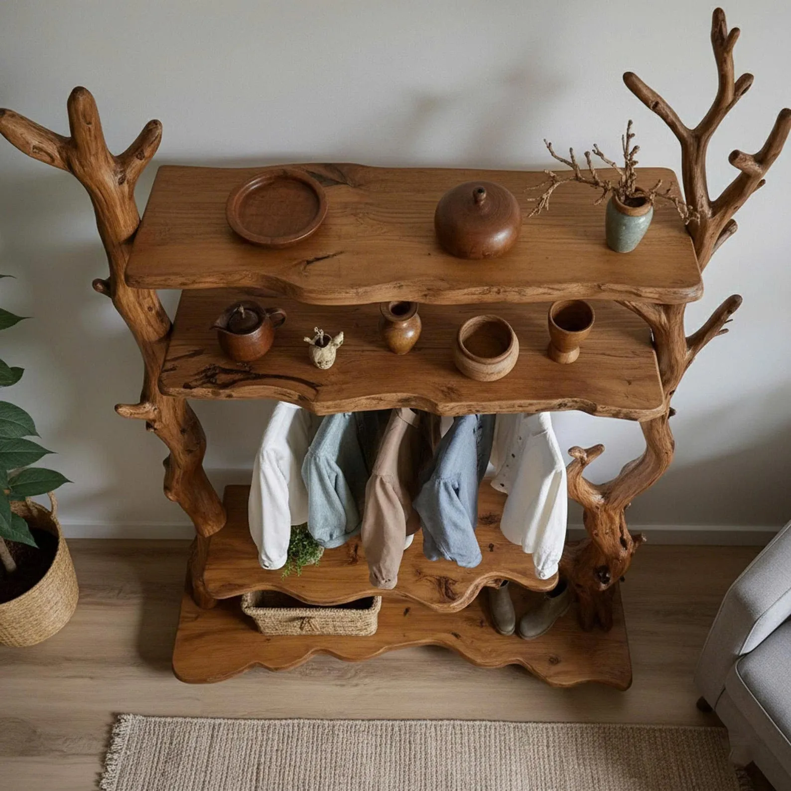 Driftwood tree branch coat rack driftwood coat hook solid wood wall mount shoe storage wood branch - Image 3