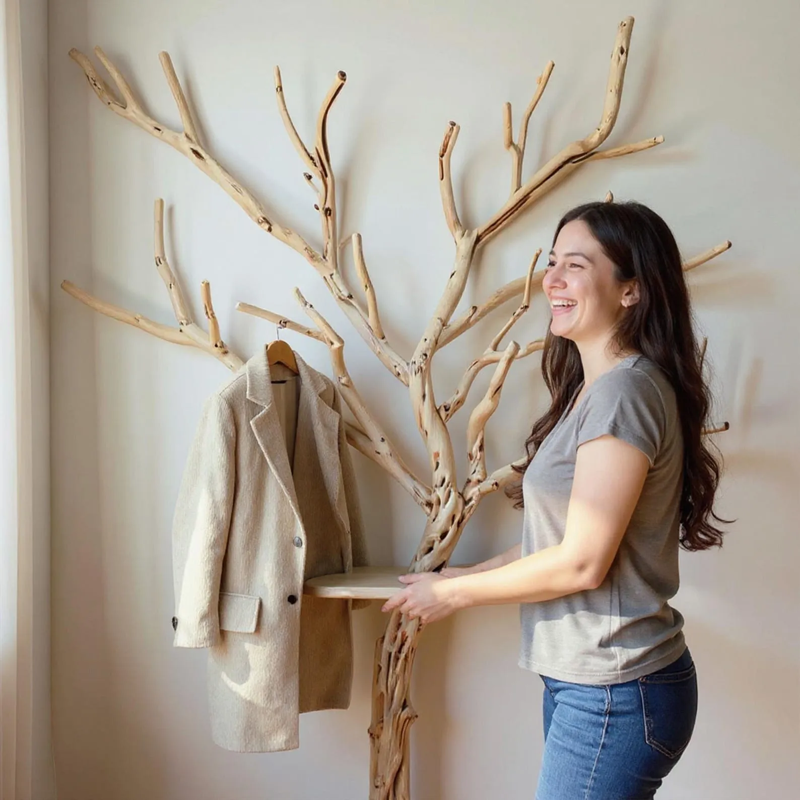 Tree branch coat rack driftwood branch wall art floating wood shelf decorative towel hooks entryway decoration - Image 4