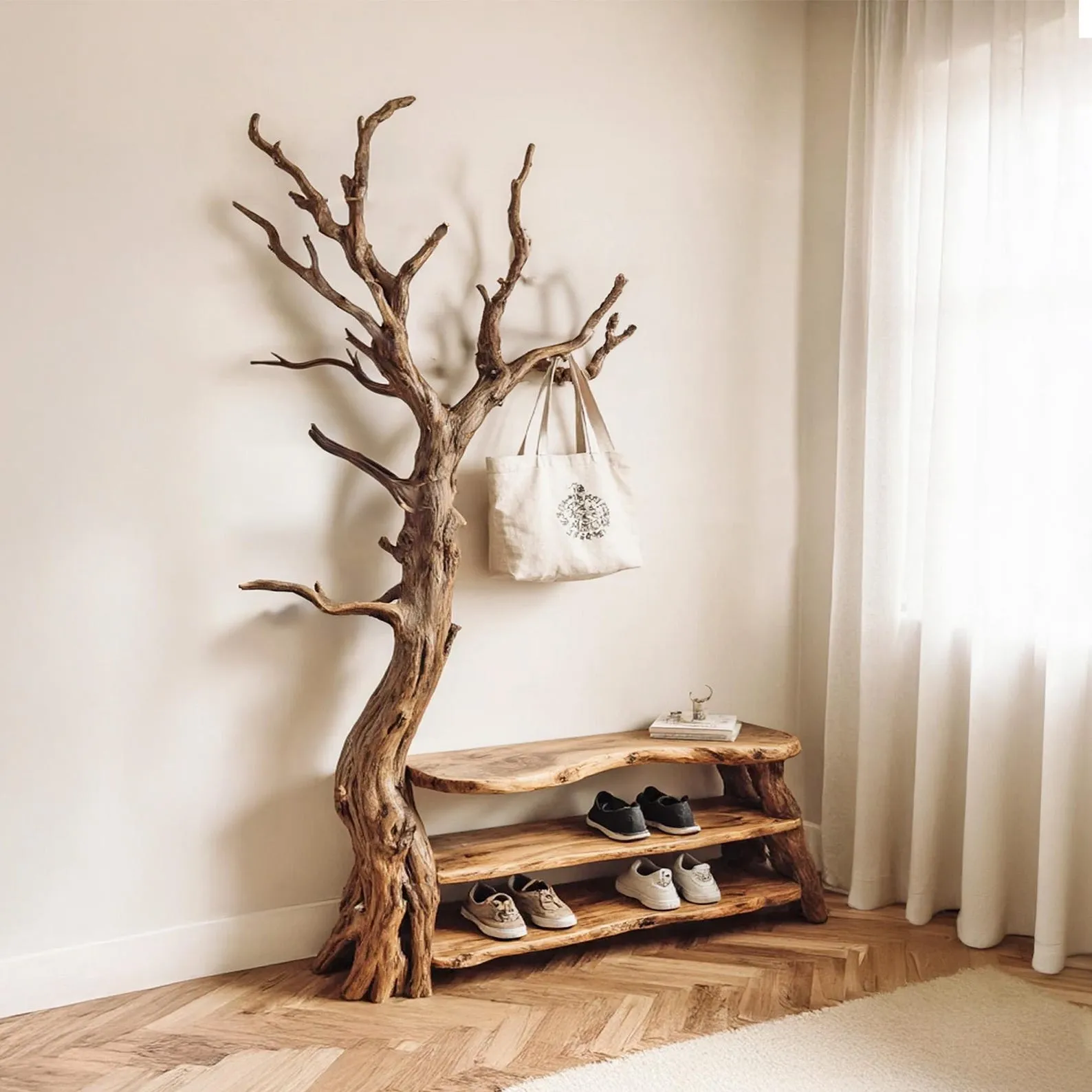 Driftwood coat rack tree branch wall mount live edge show storage solid wood tree coat hook hanging branch furniture decoration