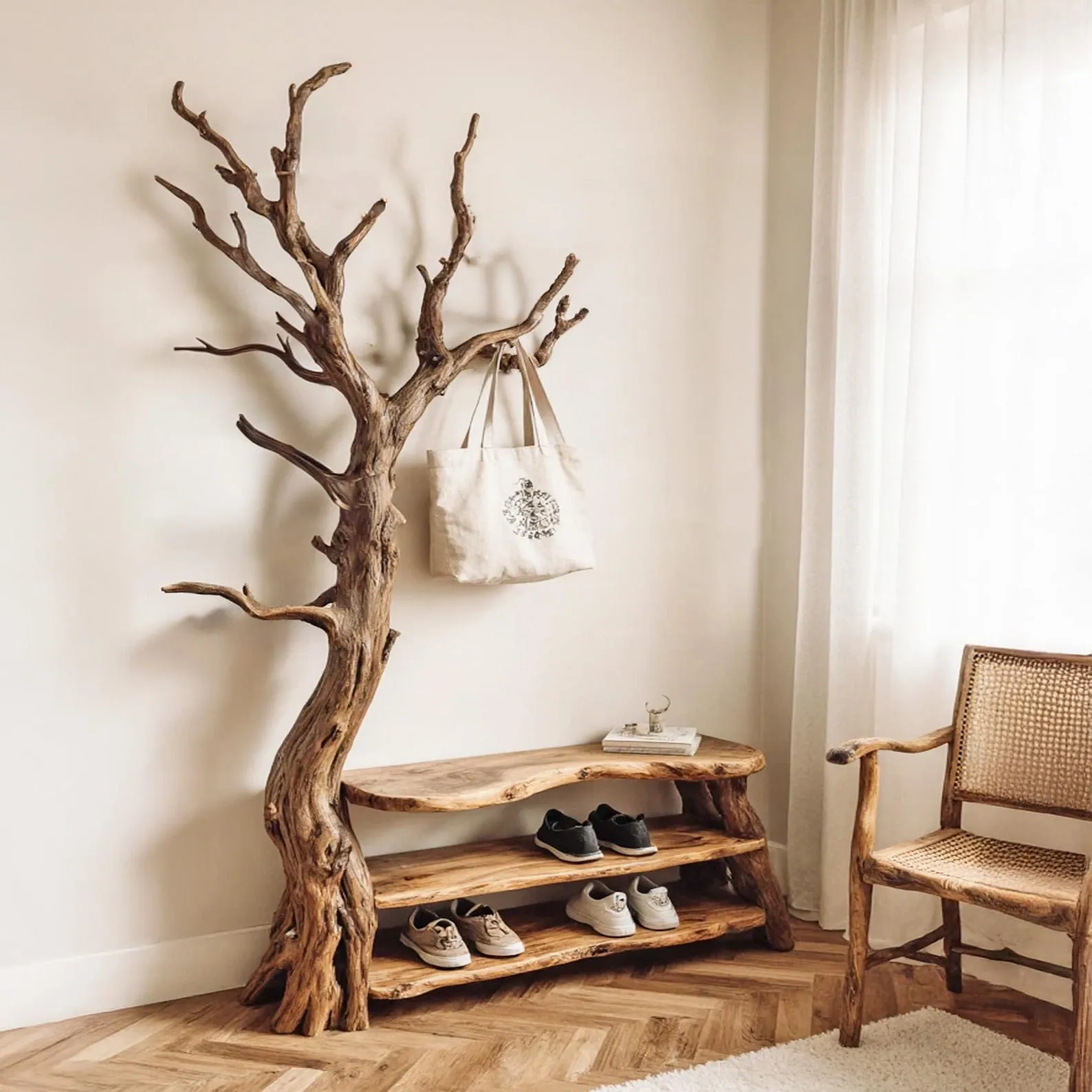 Driftwood coat rack tree branch wall mount live edge show storage solid wood tree coat hook hanging branch furniture decoration - Image 2