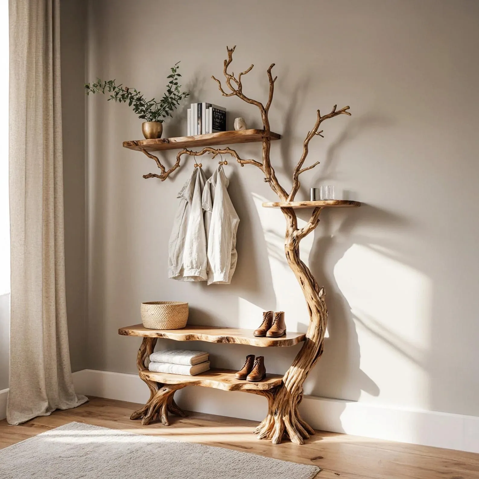 Natural tree coat rack wall mount coat hook tree branch bookshelf shoe storage driftwood branch hanger living room decoration
