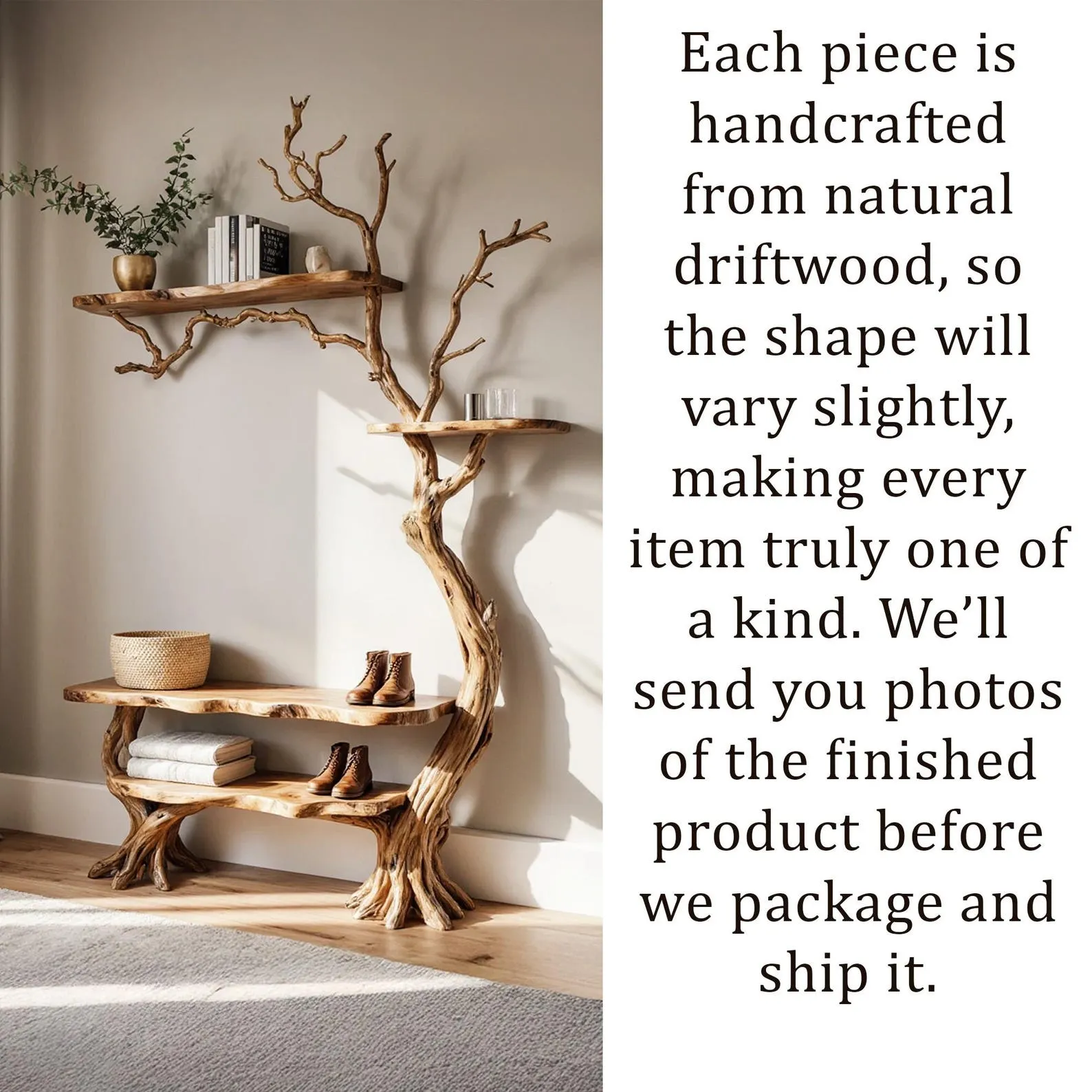 Natural tree coat rack wall mount coat hook tree branch bookshelf shoe storage driftwood branch hanger living room decoration - Image 2